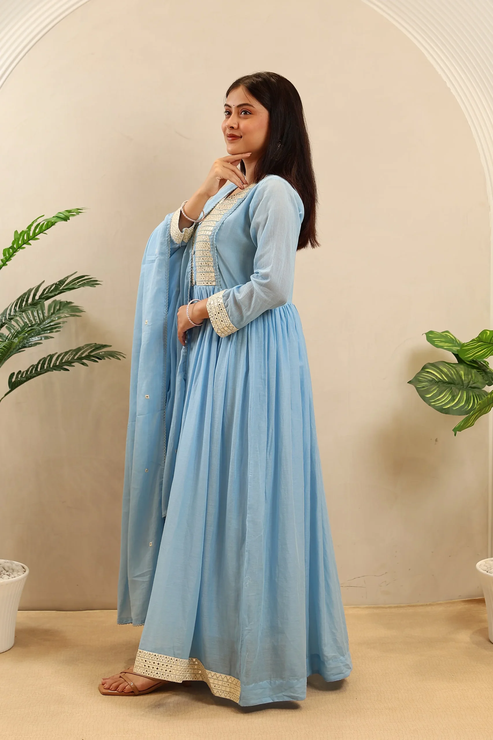 Long Cotton Anarkali with Thread Work on the Neck and Cotton Dupatta - Image 4