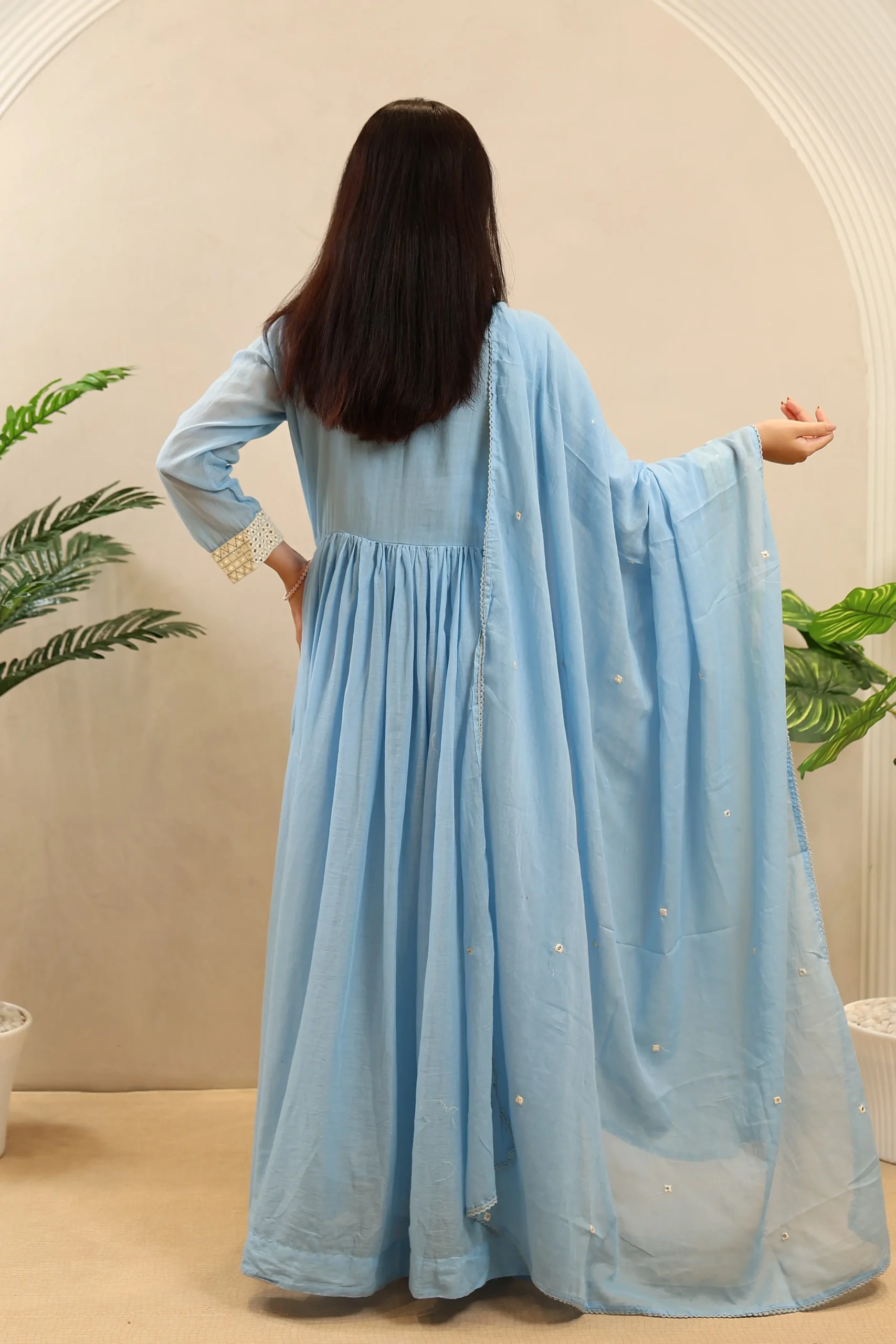 Long Cotton Anarkali with Thread Work on the Neck and Cotton Dupatta - Image 7