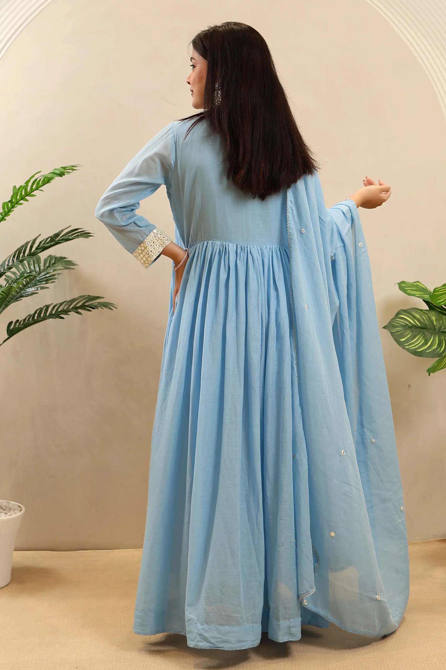 Long Cotton Anarkali with Thread Work on the Neck and Cotton Dupatta - Image 8