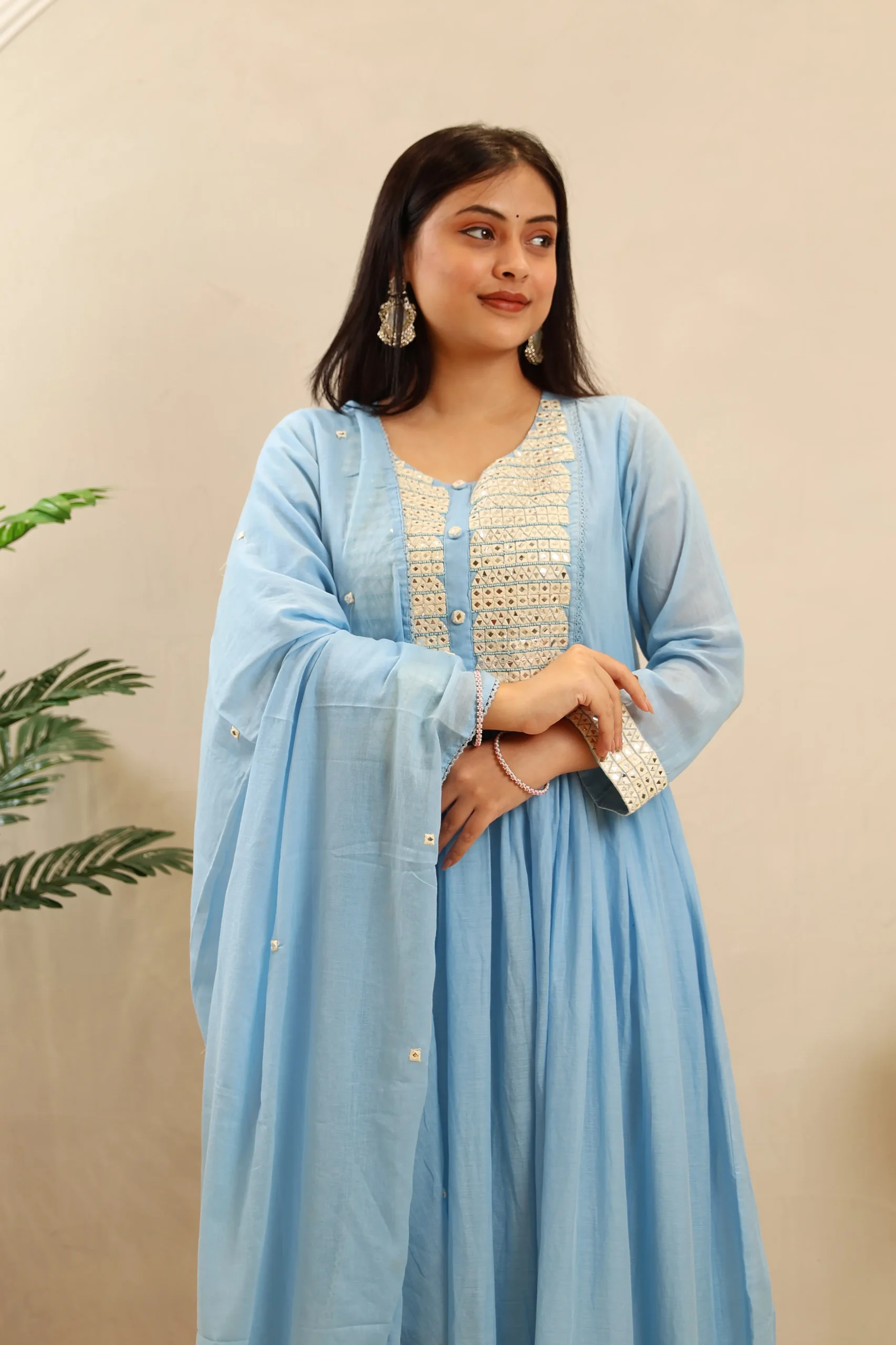 Long Cotton Anarkali with Thread Work on the Neck and Cotton Dupatta - Image 5