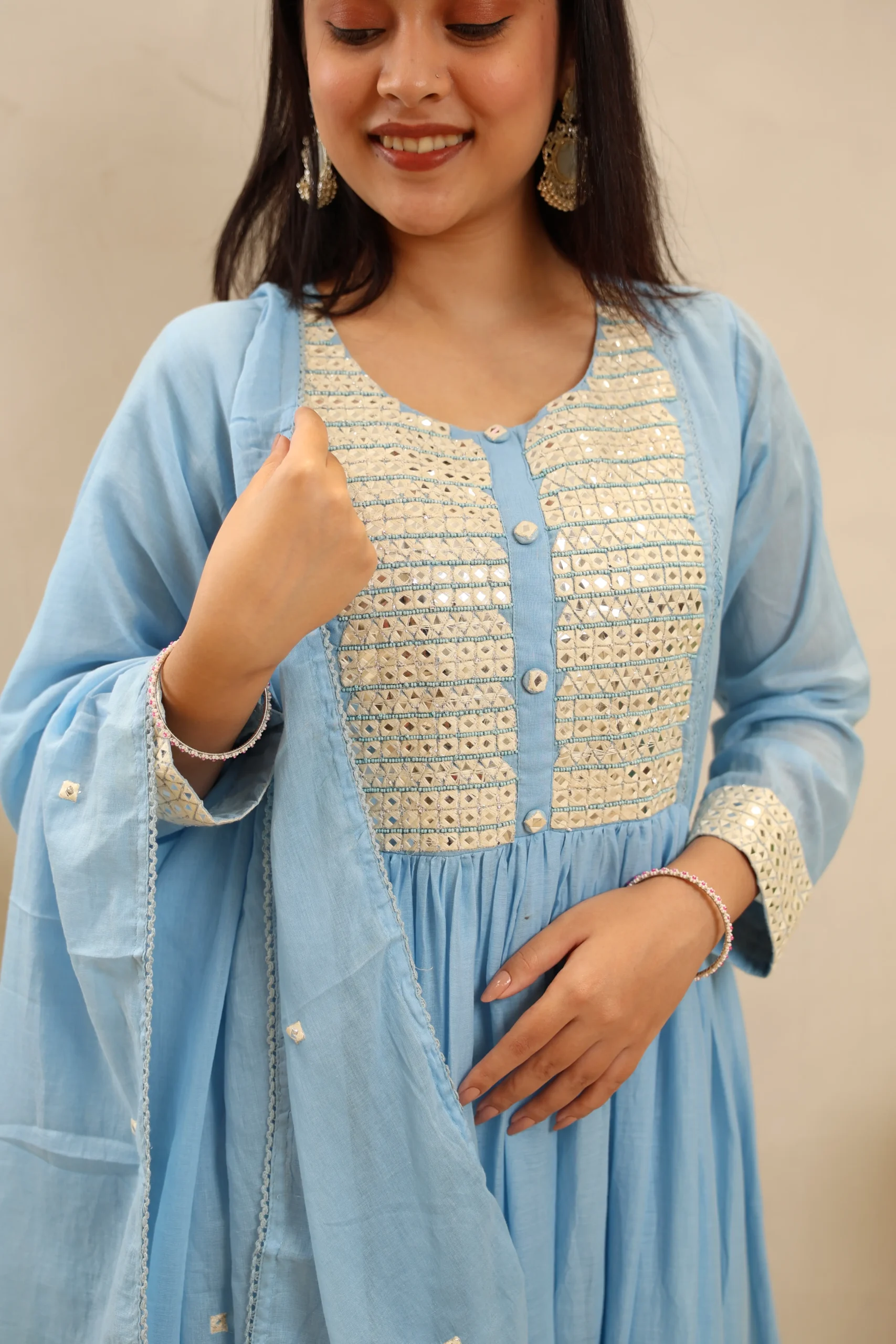 Long Cotton Anarkali with Thread Work on the Neck and Cotton Dupatta - Image 6
