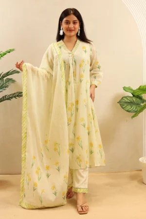 Printed Cotton Short Anarkali with Moti Work on the Neck and Cotton Dupatta