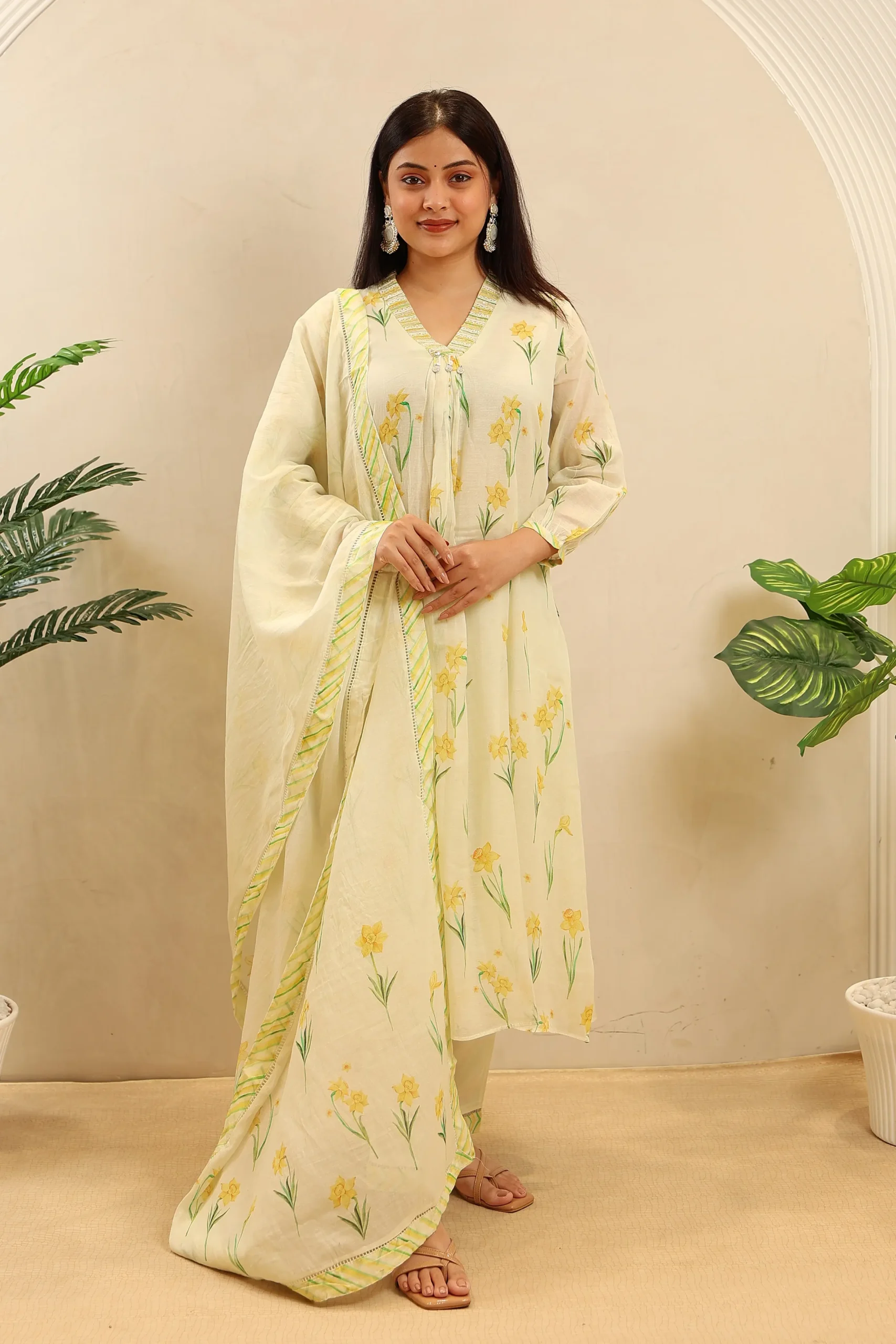Printed Cotton Short Anarkali with Moti Work on the Neck and Cotton Dupatta - Image 2