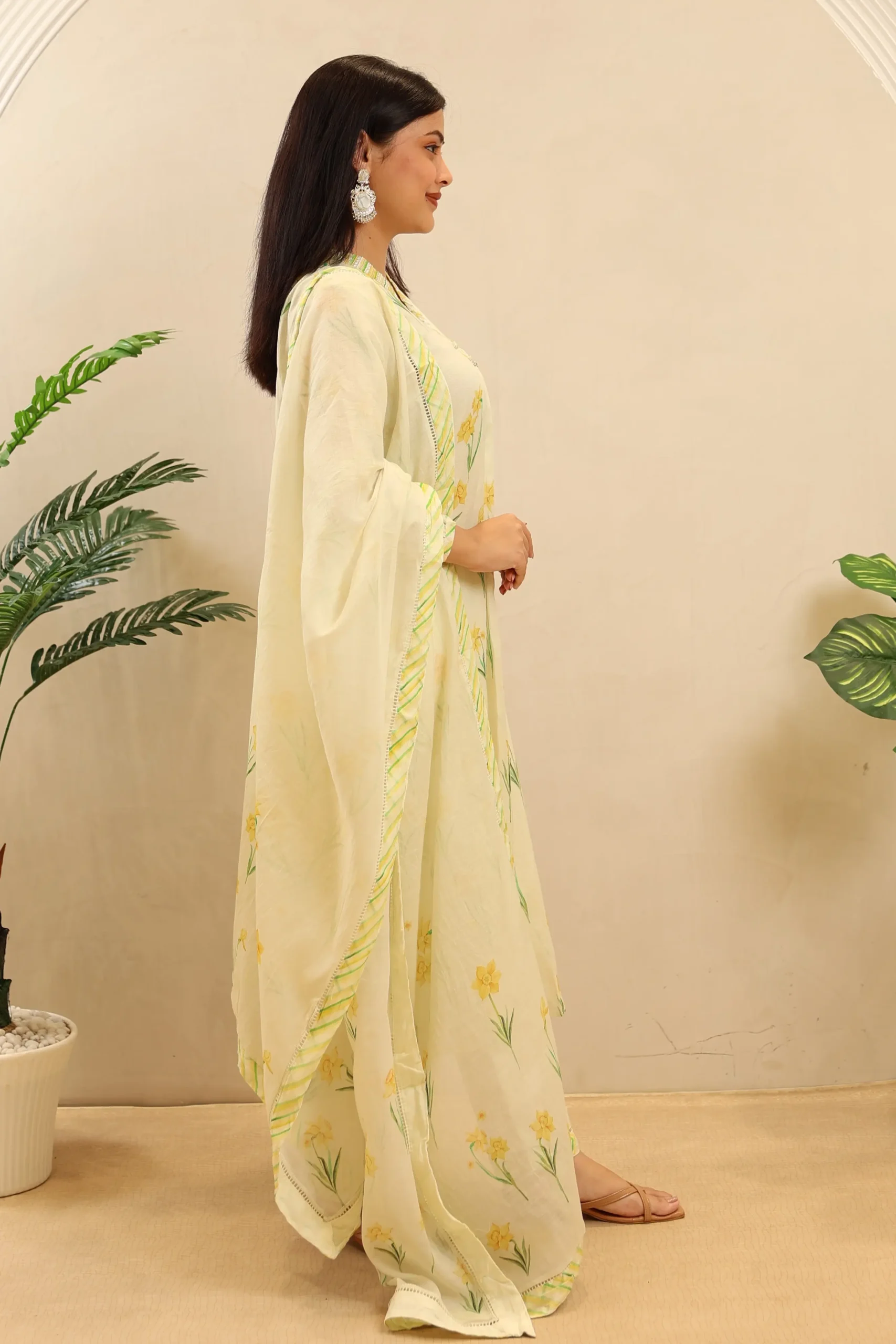 Printed Cotton Short Anarkali with Moti Work on the Neck and Cotton Dupatta - Image 3