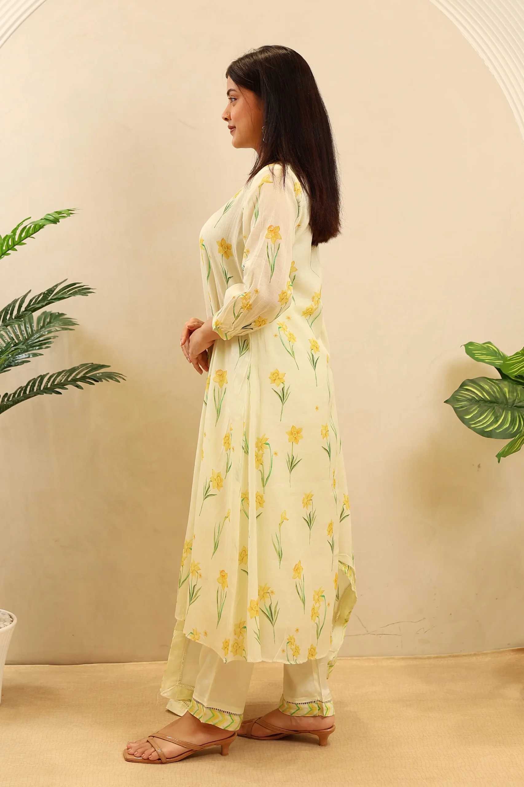 Printed Cotton Short Anarkali with Moti Work on the Neck and Cotton Dupatta - Image 4