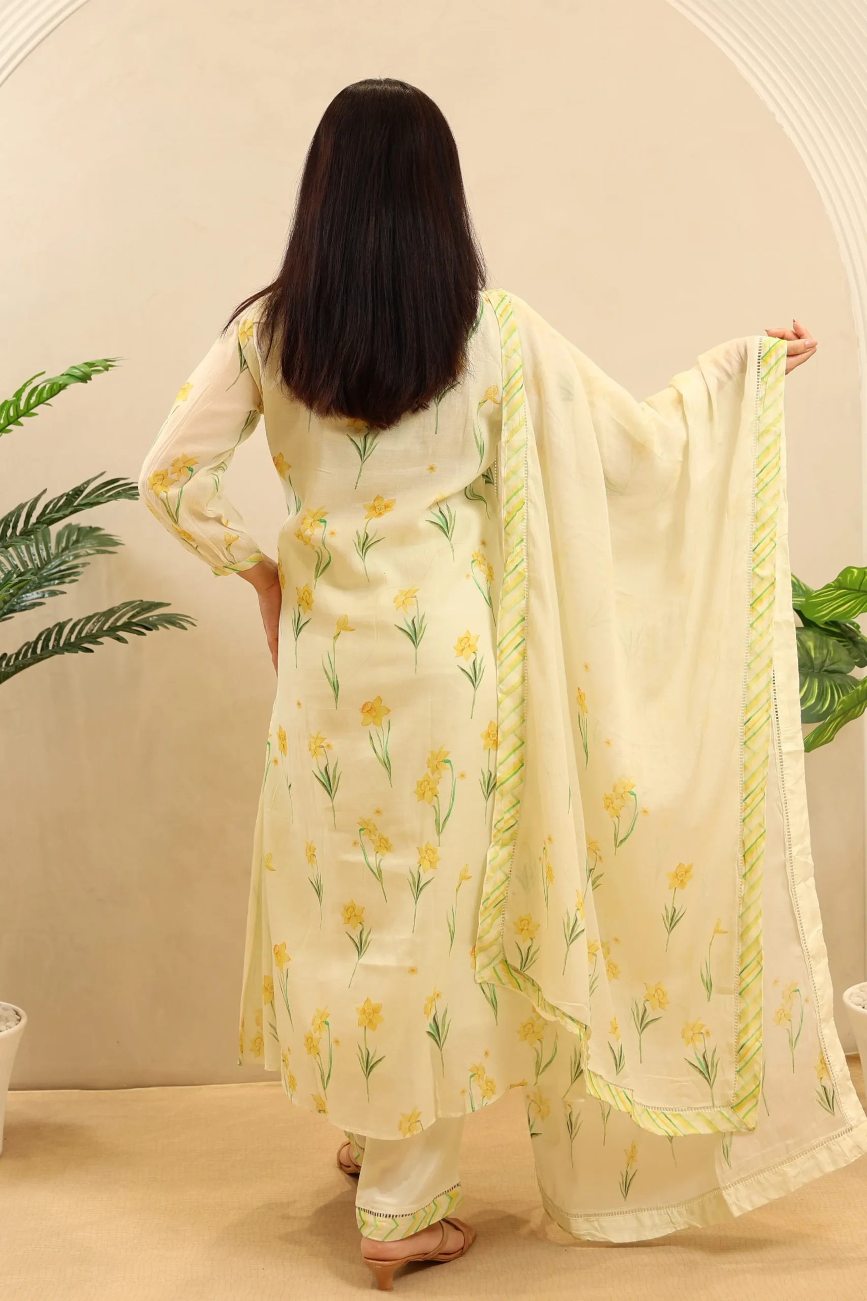 Printed Cotton Short Anarkali with Moti Work on the Neck and Cotton Dupatta - Image 5