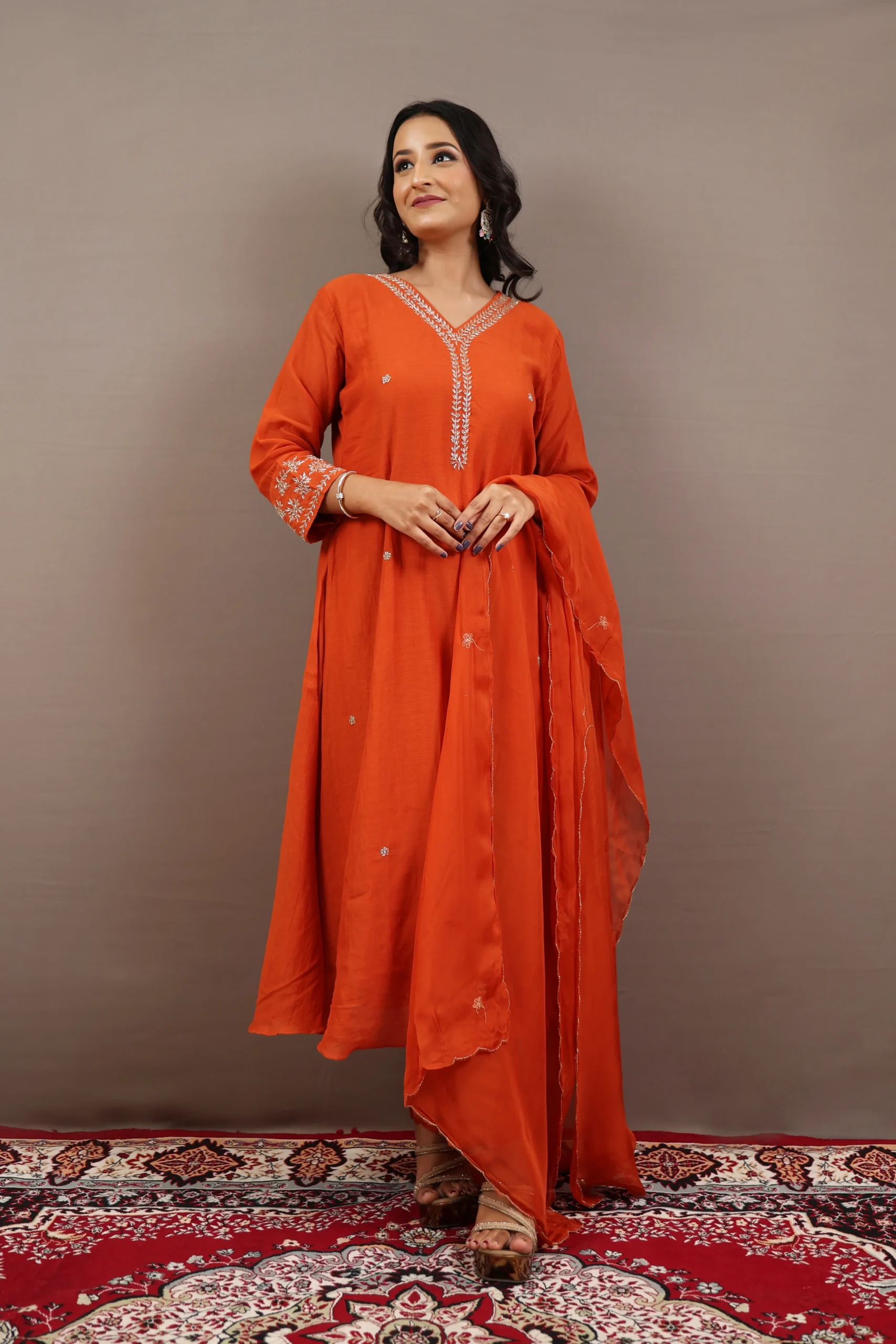 Hand Embroidered Three Pcs Suit with Organza Dupatta - Image 9