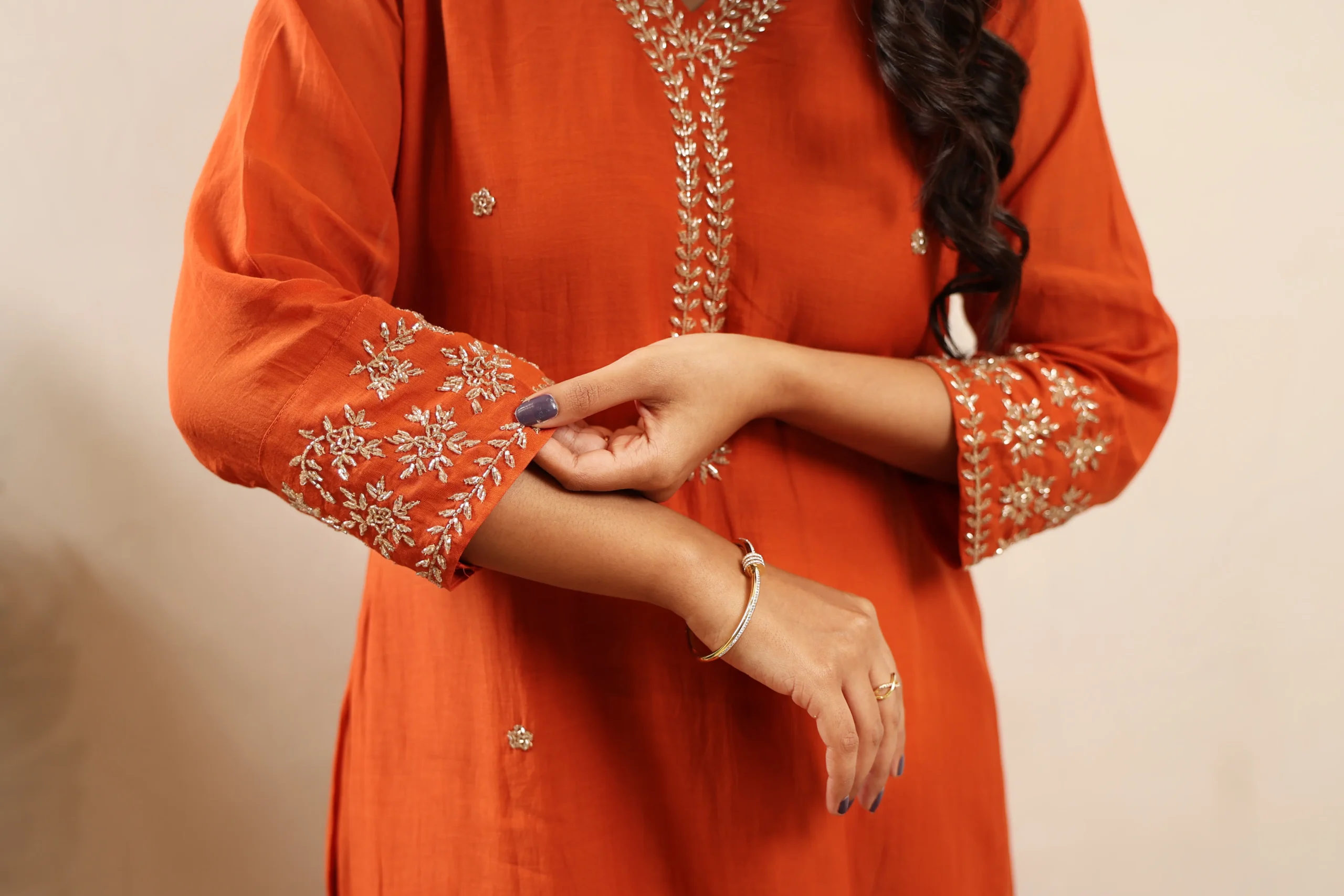 Hand Embroidered Three Pcs Suit with Organza Dupatta - Image 7