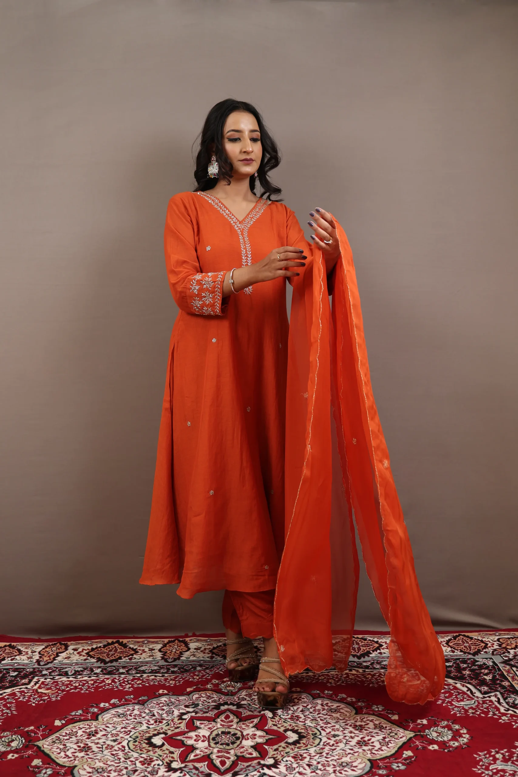 Hand Embroidered Three Pcs Suit with Organza Dupatta - Image 5