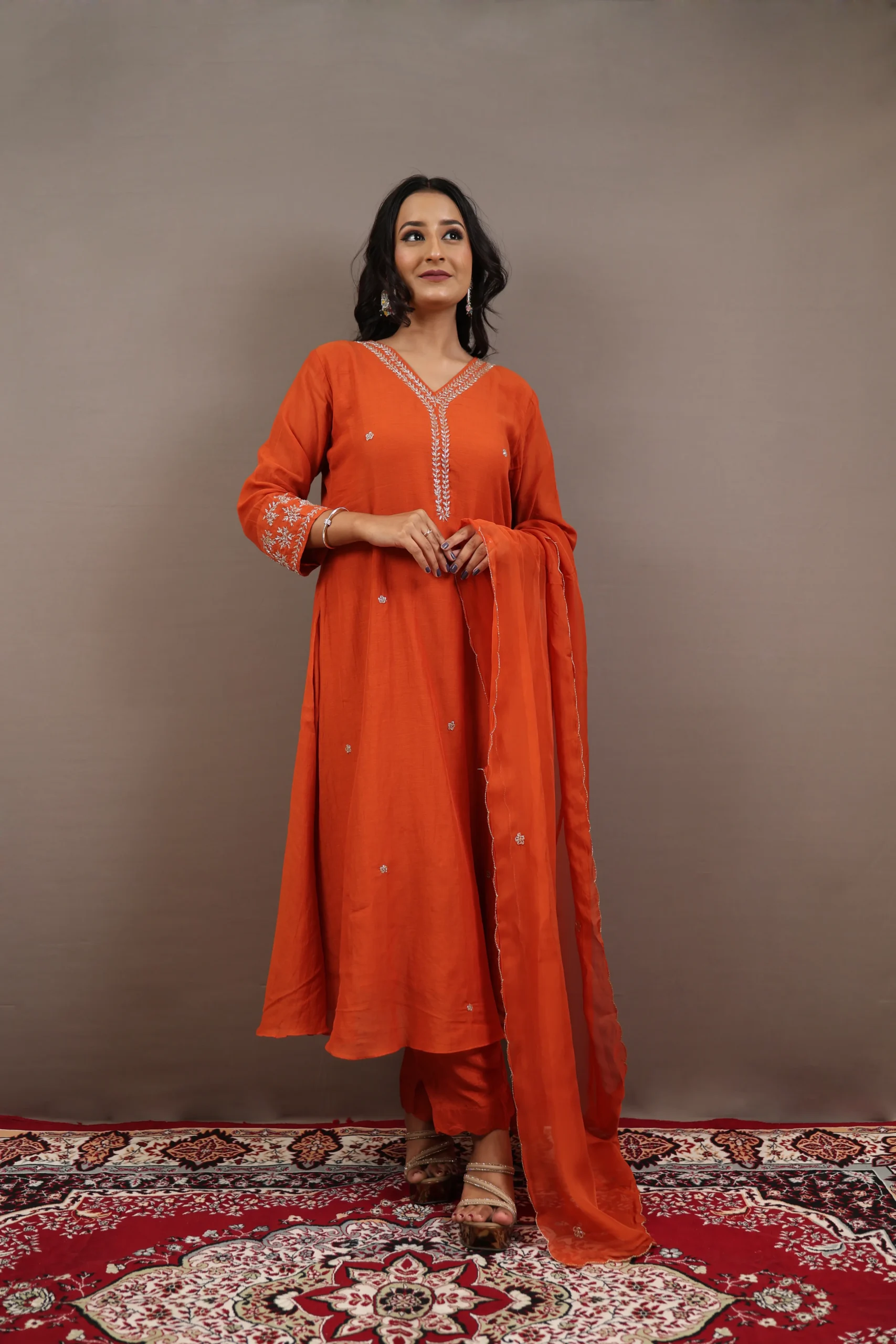 Hand Embroidered Three Pcs Suit with Organza Dupatta - Image 4