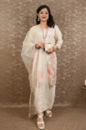 Golden Tissue Three-Piece Suit with Tissue Dupatta