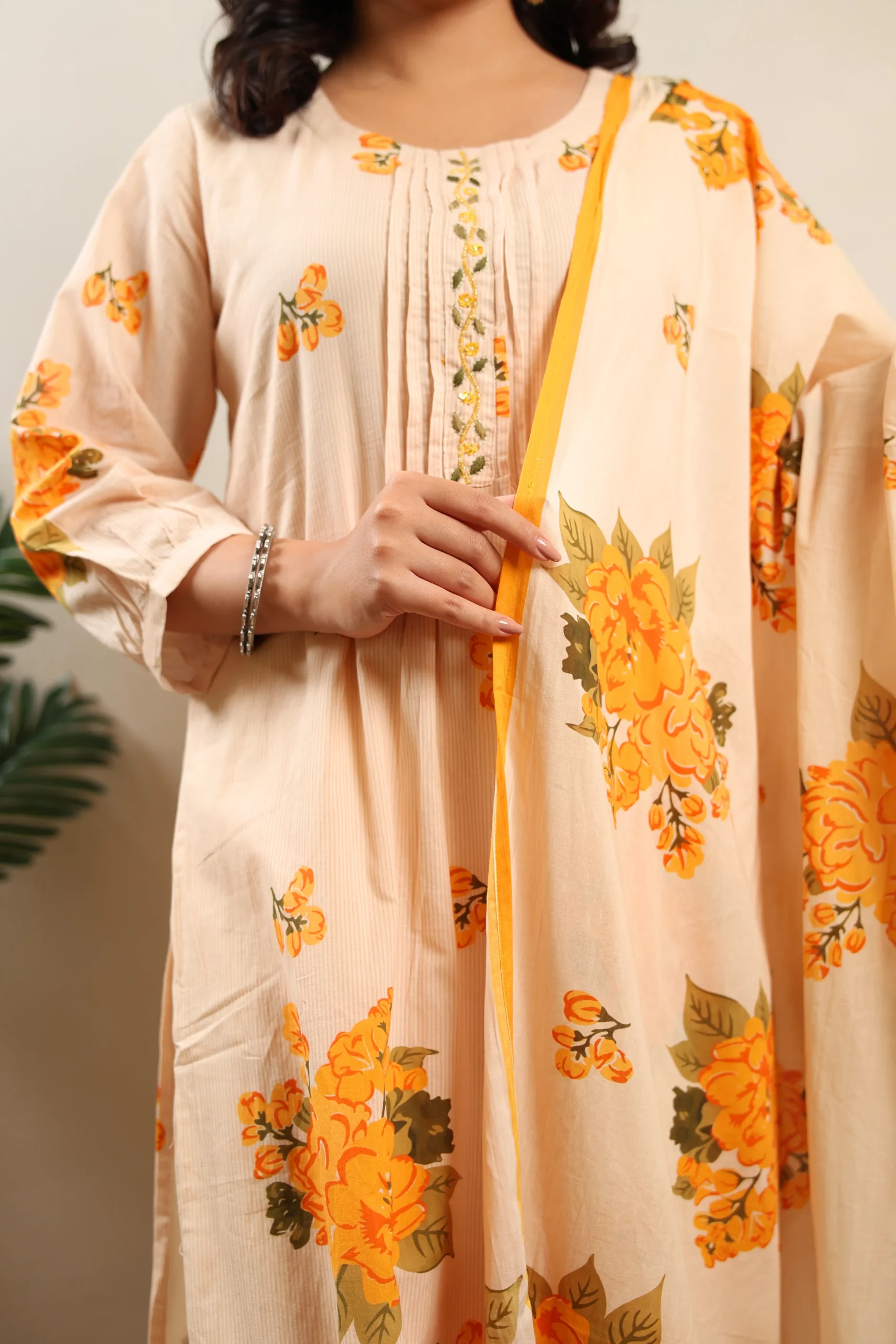 Orangish Peach A-Line Three-Piece Suit with Cotton Dupatta - Image 5