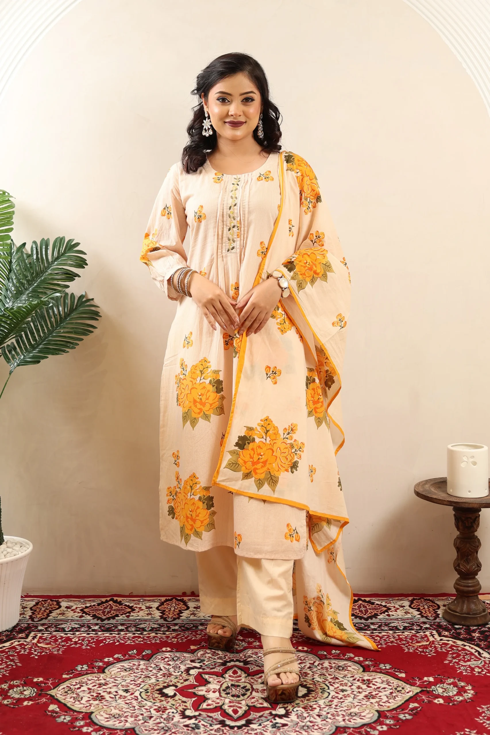Orangish Peach A-Line Three-Piece Suit with Cotton Dupatta