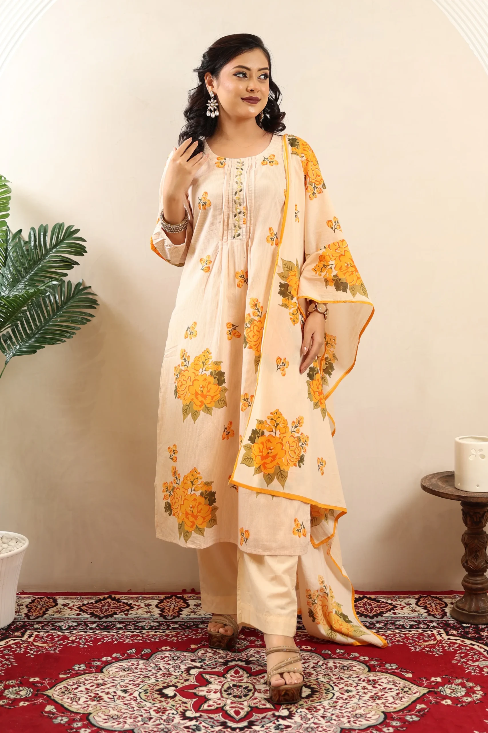 Orangish Peach A-Line Three-Piece Suit with Cotton Dupatta - Image 2