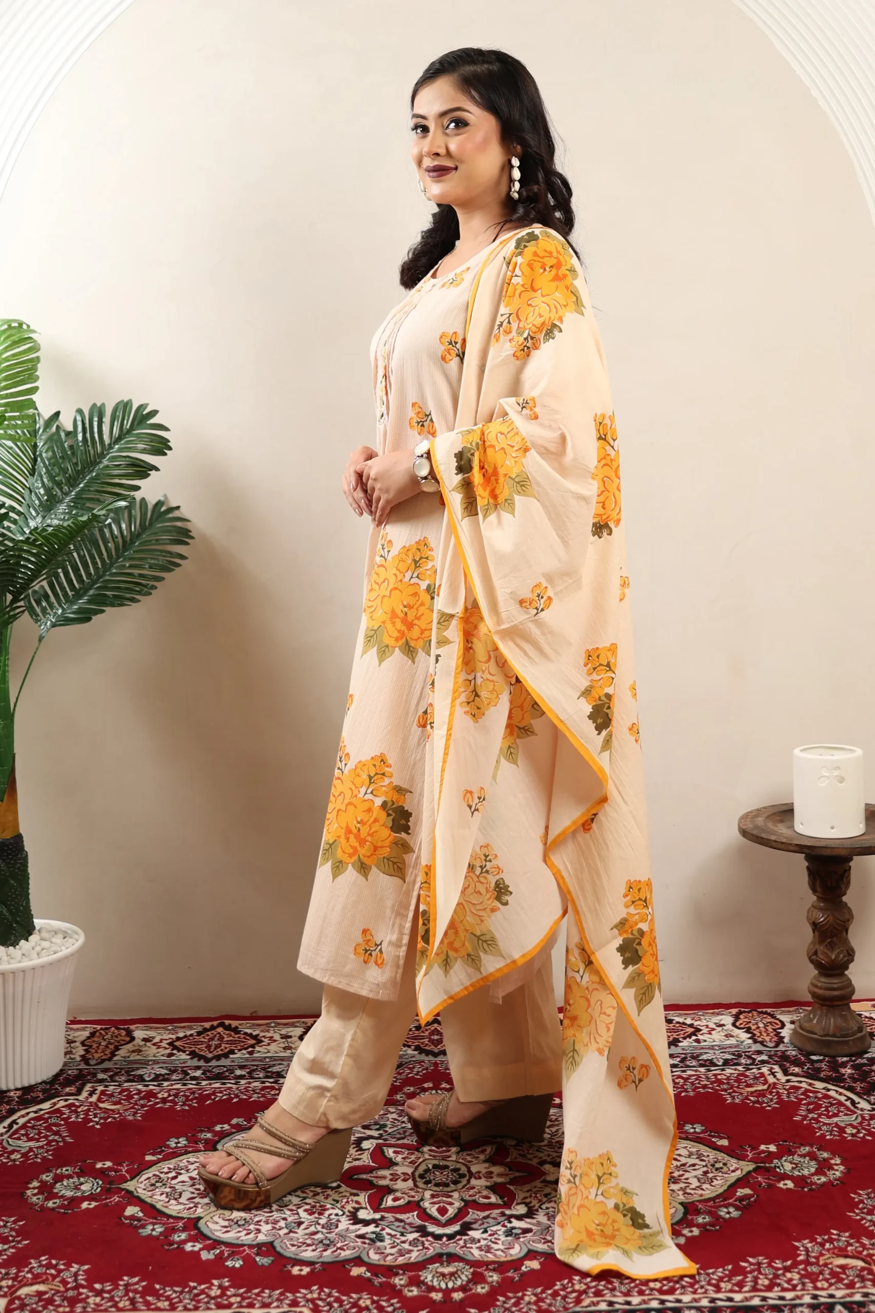 Orangish Peach A-Line Three-Piece Suit with Cotton Dupatta - Image 3
