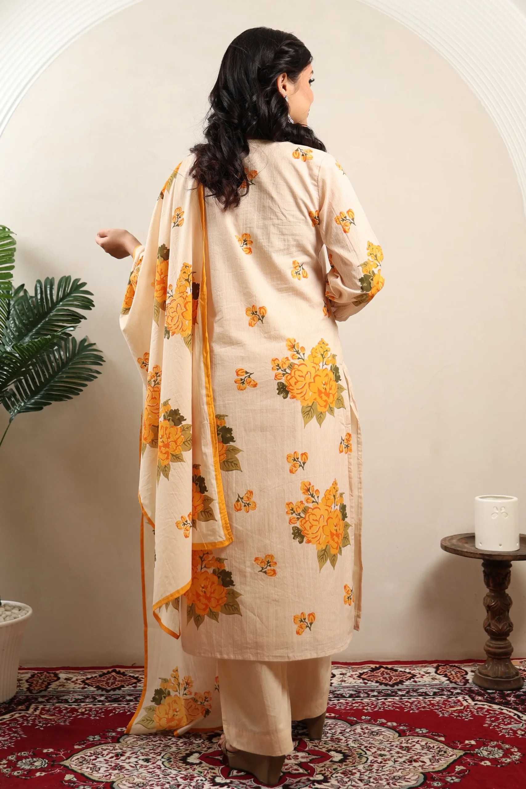 Orangish Peach A-Line Three-Piece Suit with Cotton Dupatta - Image 4