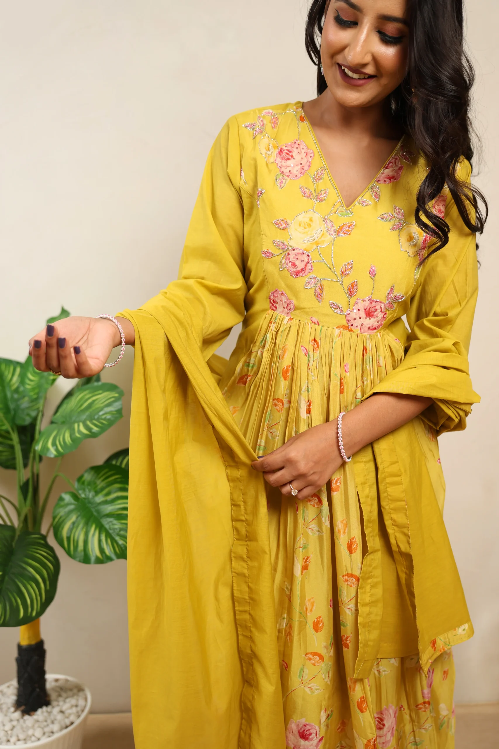 Mustard Naira Cut Frock with Cotton Dupatta - Image 6