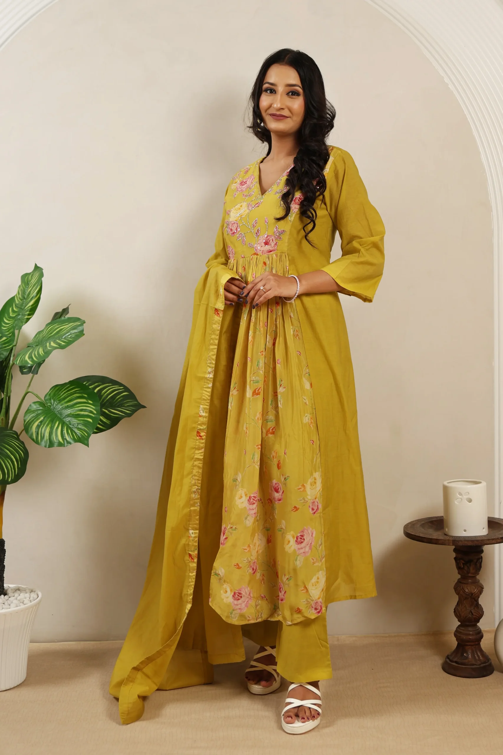 Mustard Naira Cut Frock with Cotton Dupatta - Image 2