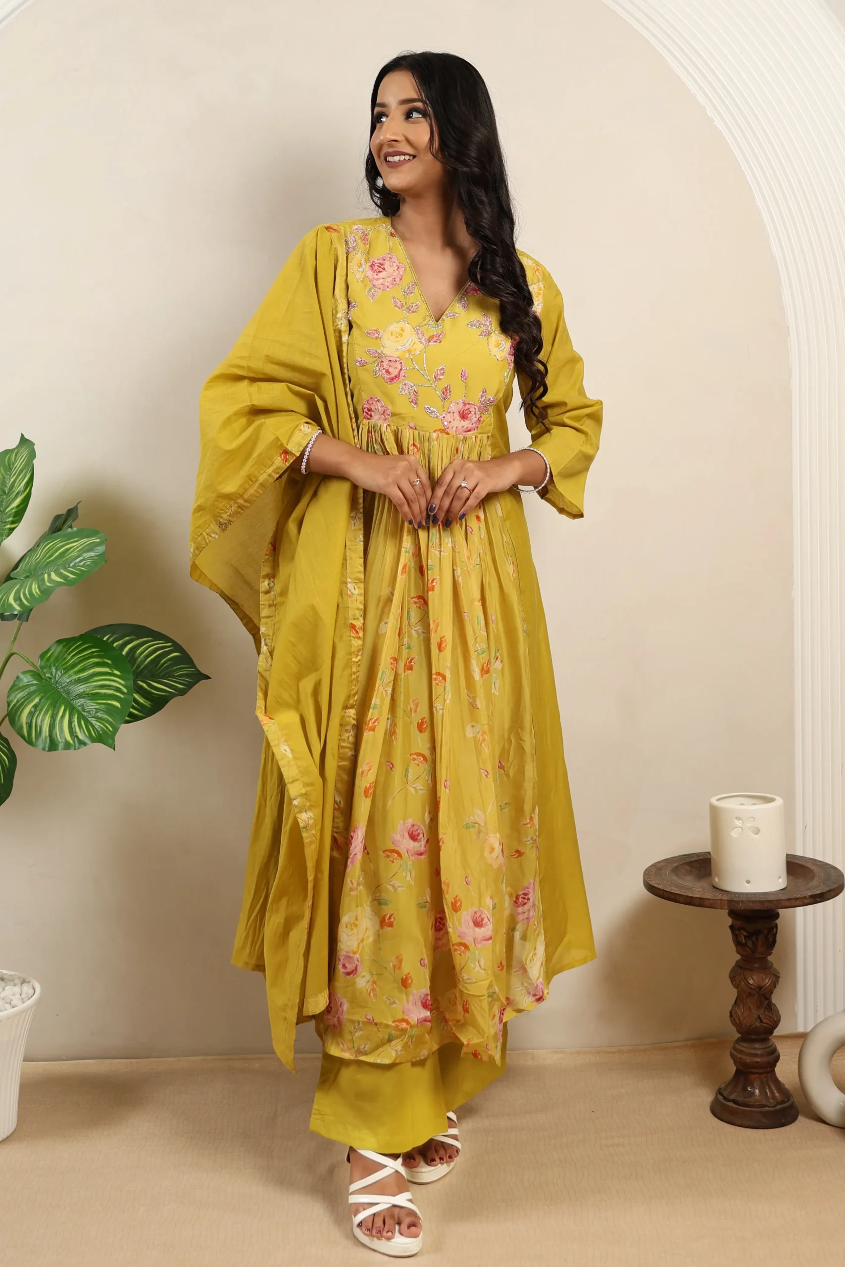 Mustard Naira Cut Frock with Cotton Dupatta