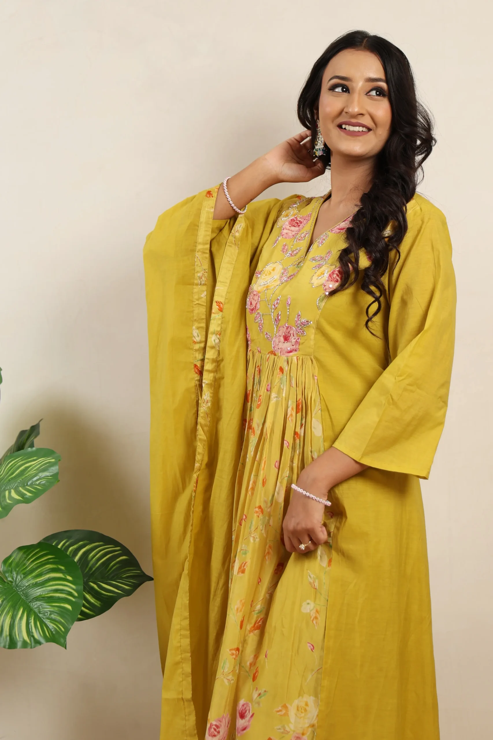 Mustard Naira Cut Frock with Cotton Dupatta - Image 3