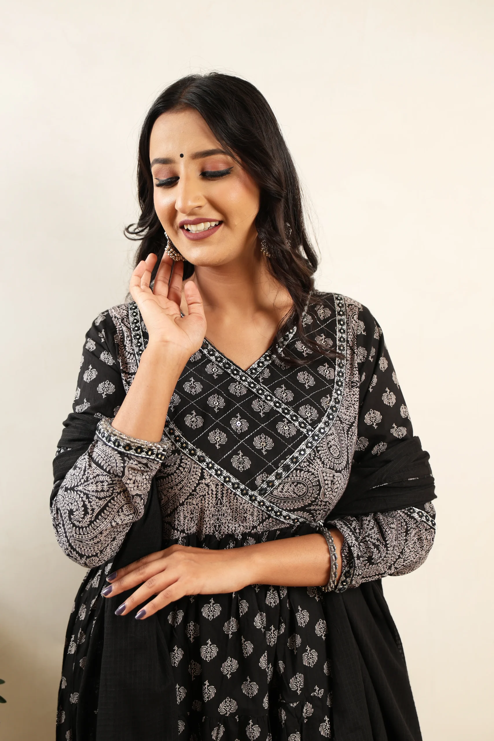 Black Anarkali Frock with Cotton Dupatta - Image 5