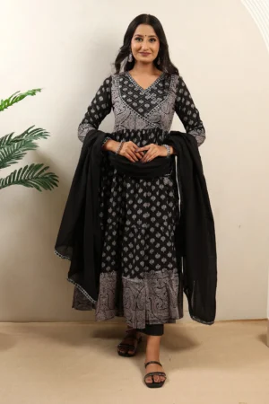 Black Anarkali Frock with Cotton Dupatta