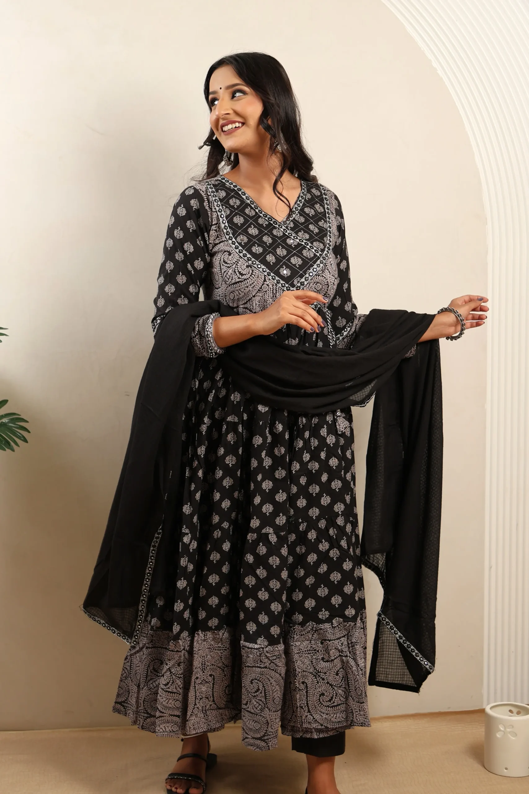 Black Anarkali Frock with Cotton Dupatta - Image 2