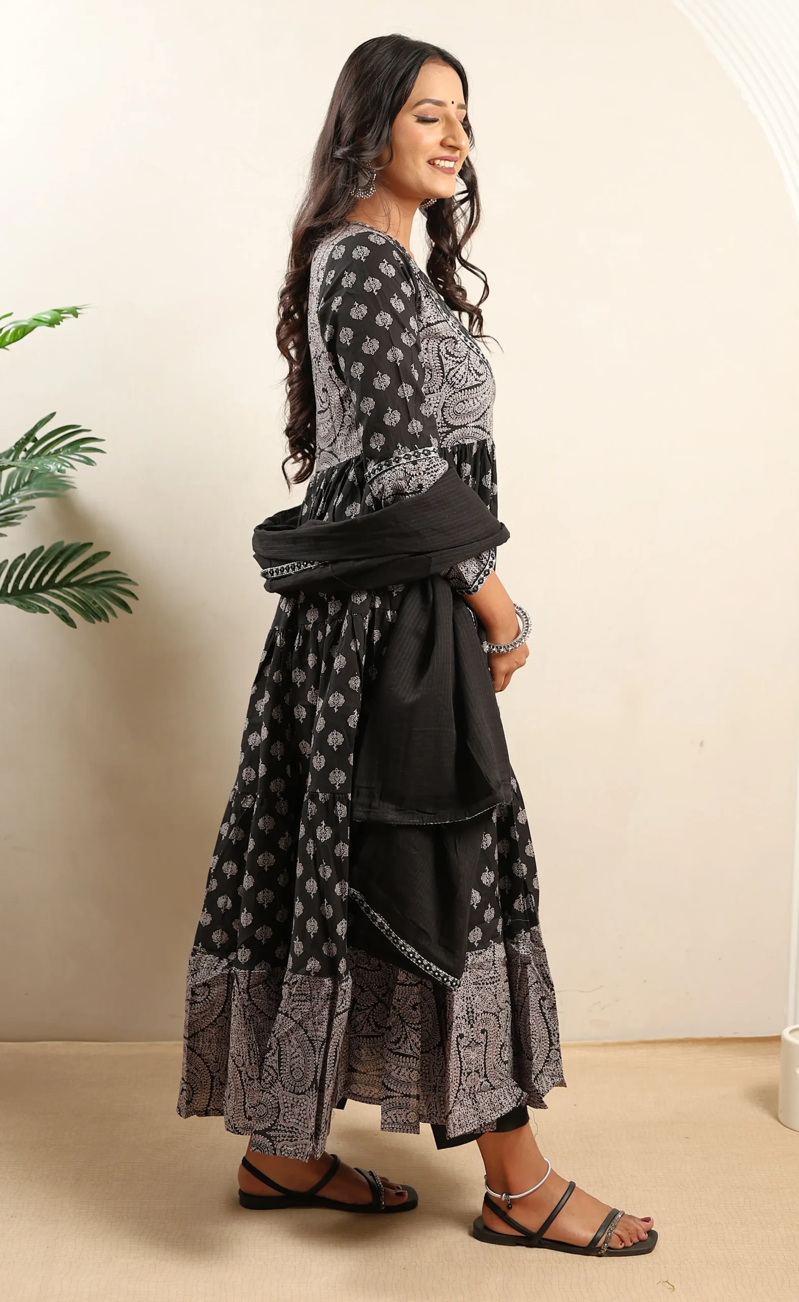 Black Anarkali Frock with Cotton Dupatta - Image 3