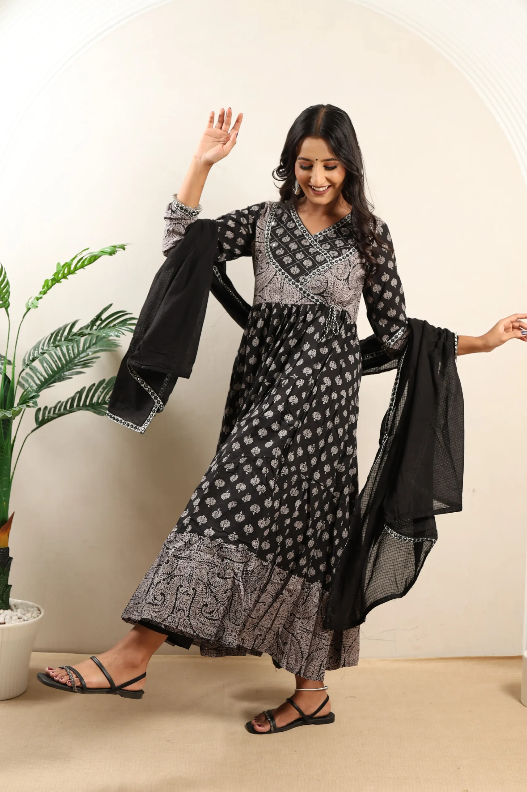 Black Anarkali Frock with Cotton Dupatta - Image 4