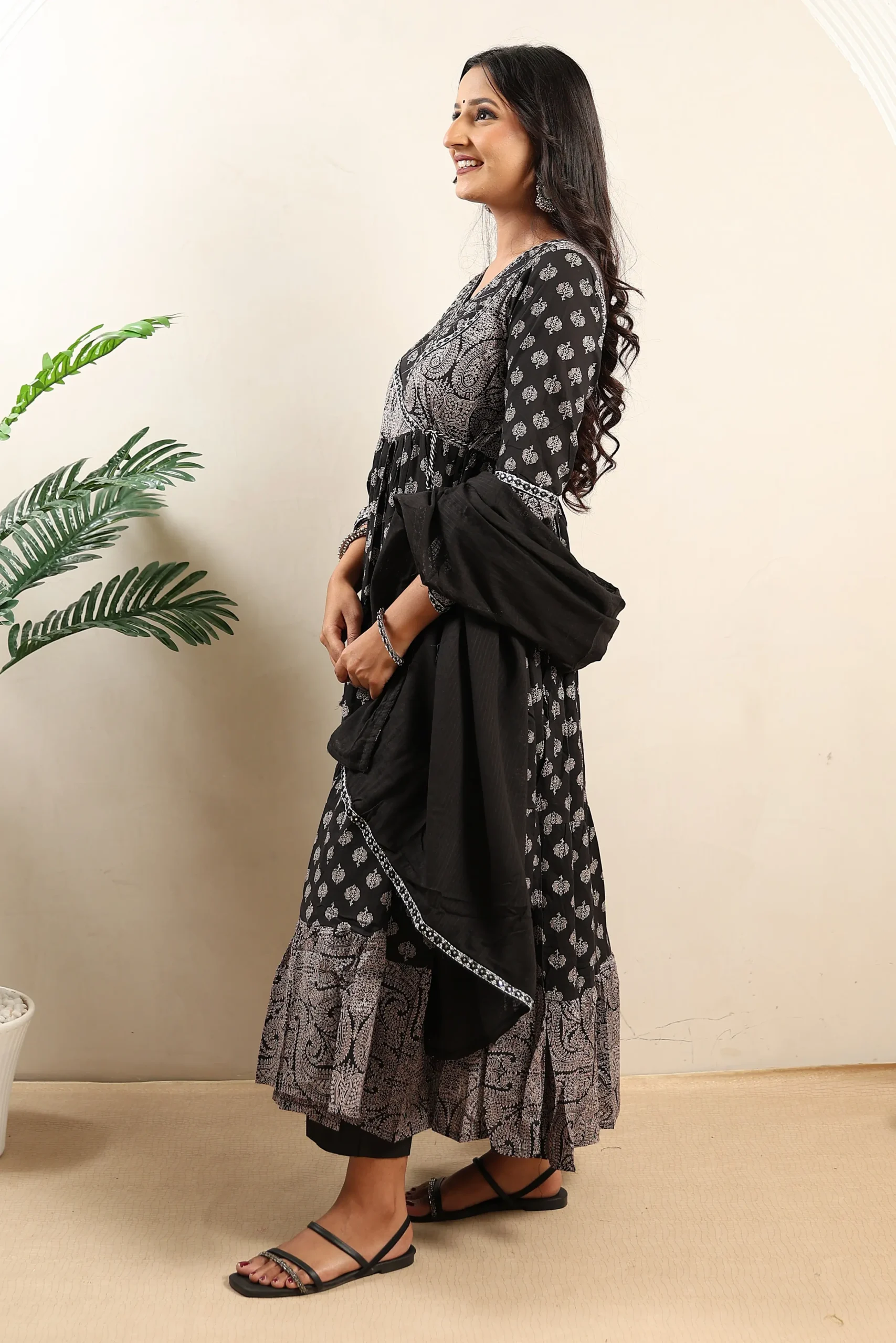 Black Anarkali Frock with Cotton Dupatta - Image 6