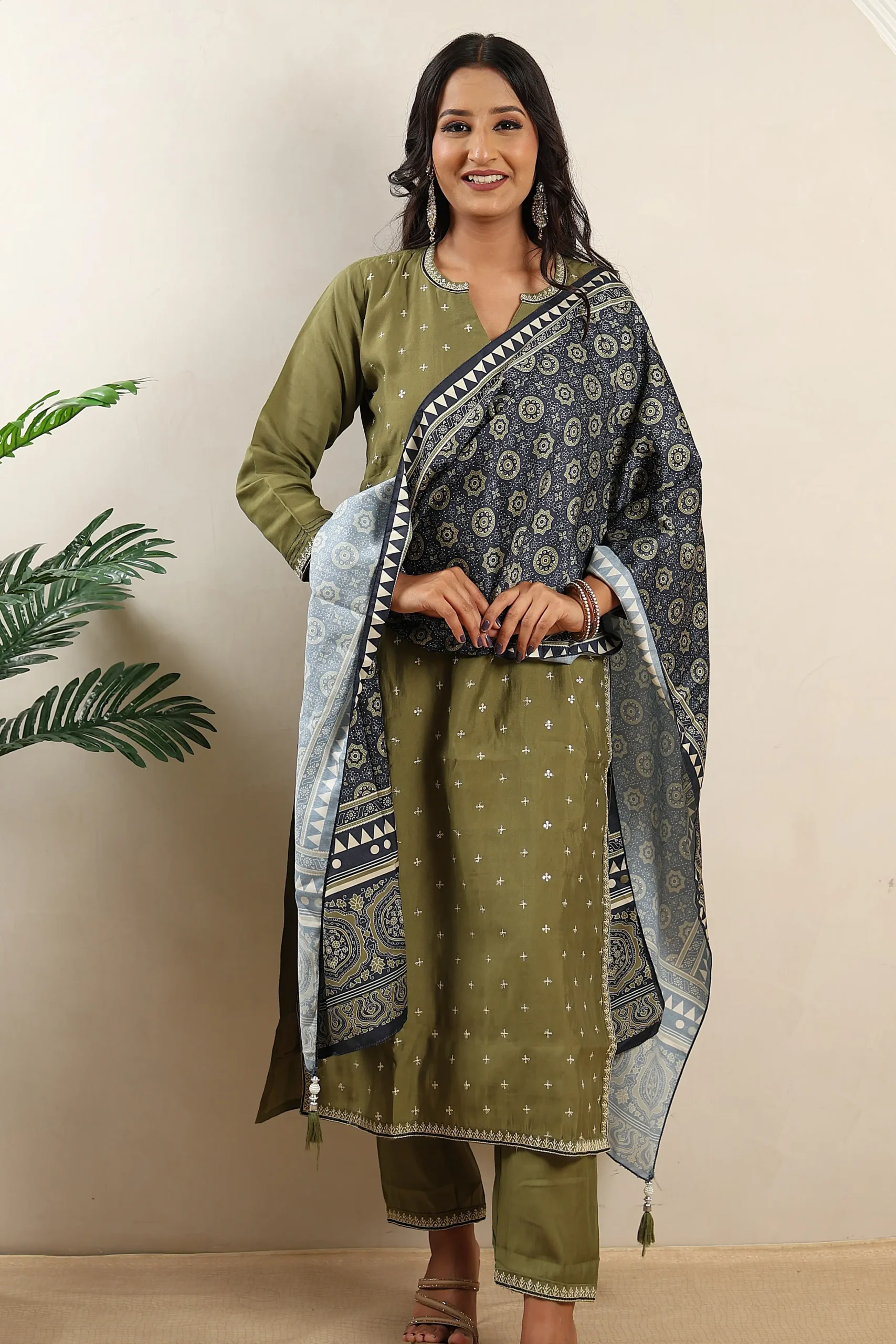 Green Printed Straight Suit with Cotton Dupatta