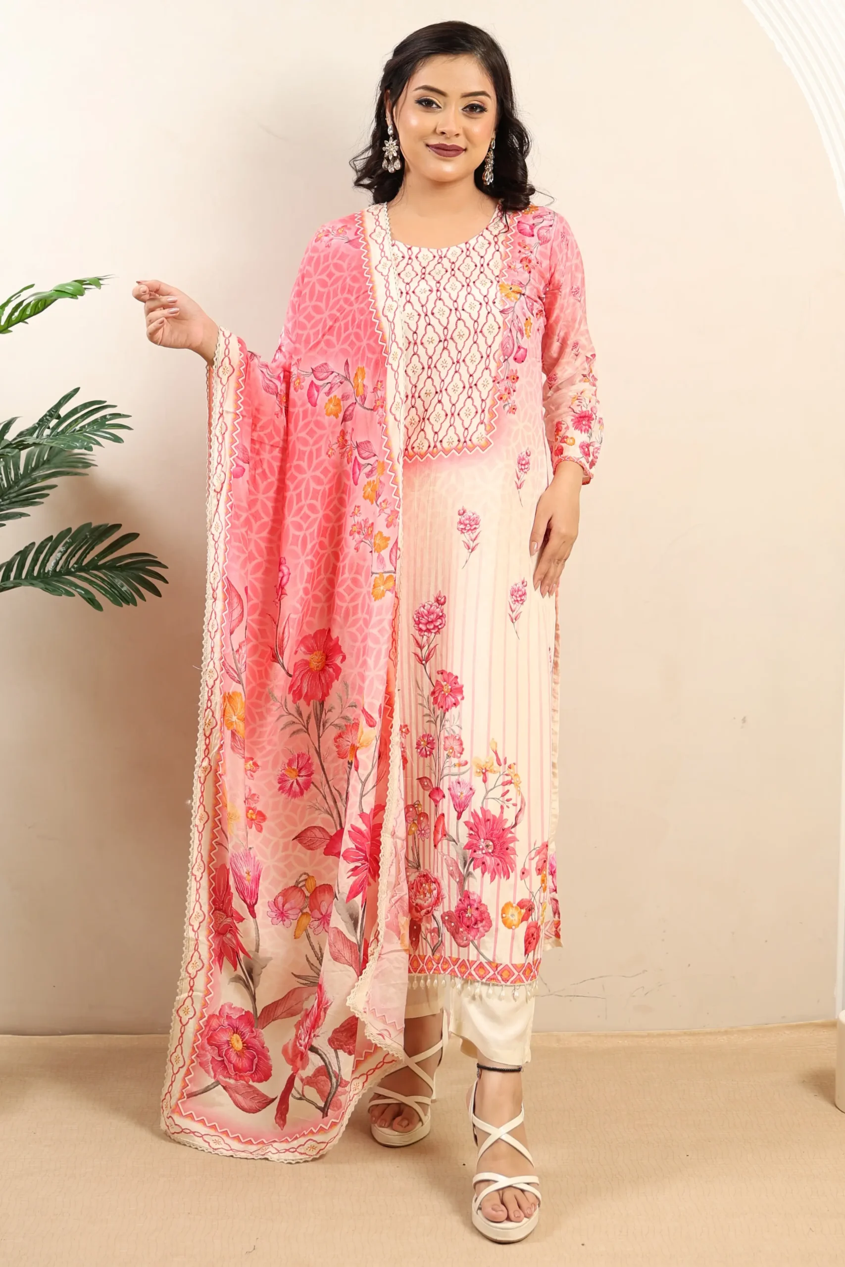 Muslin A-Line Suit with Bead Work