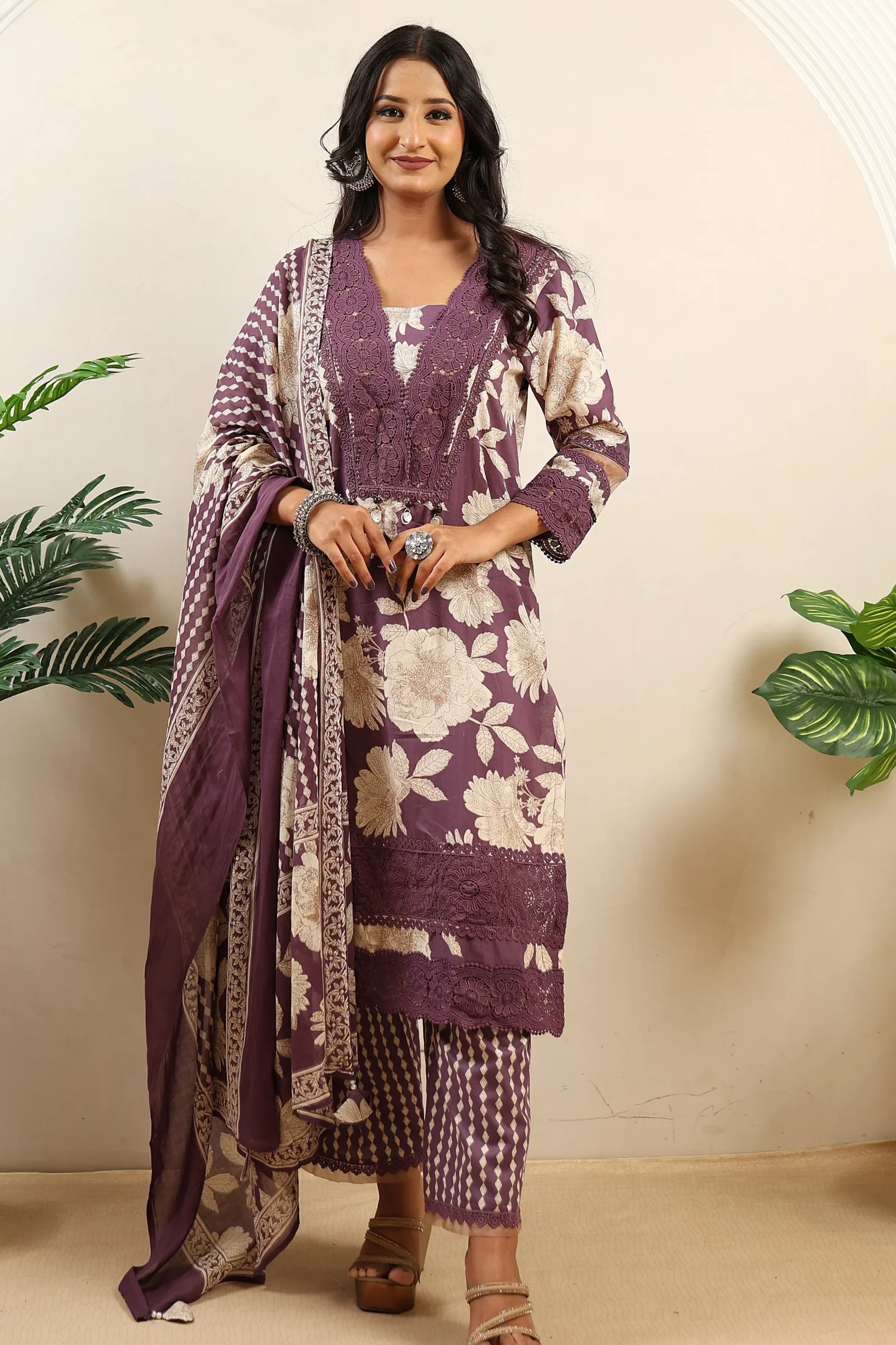 Purple Cotton A-Line Suit with Cutwork on the Neck