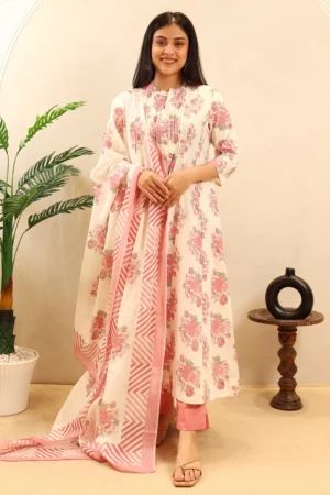 Cream Printed Cotton Anarkali Frock with Cotton Dupatta