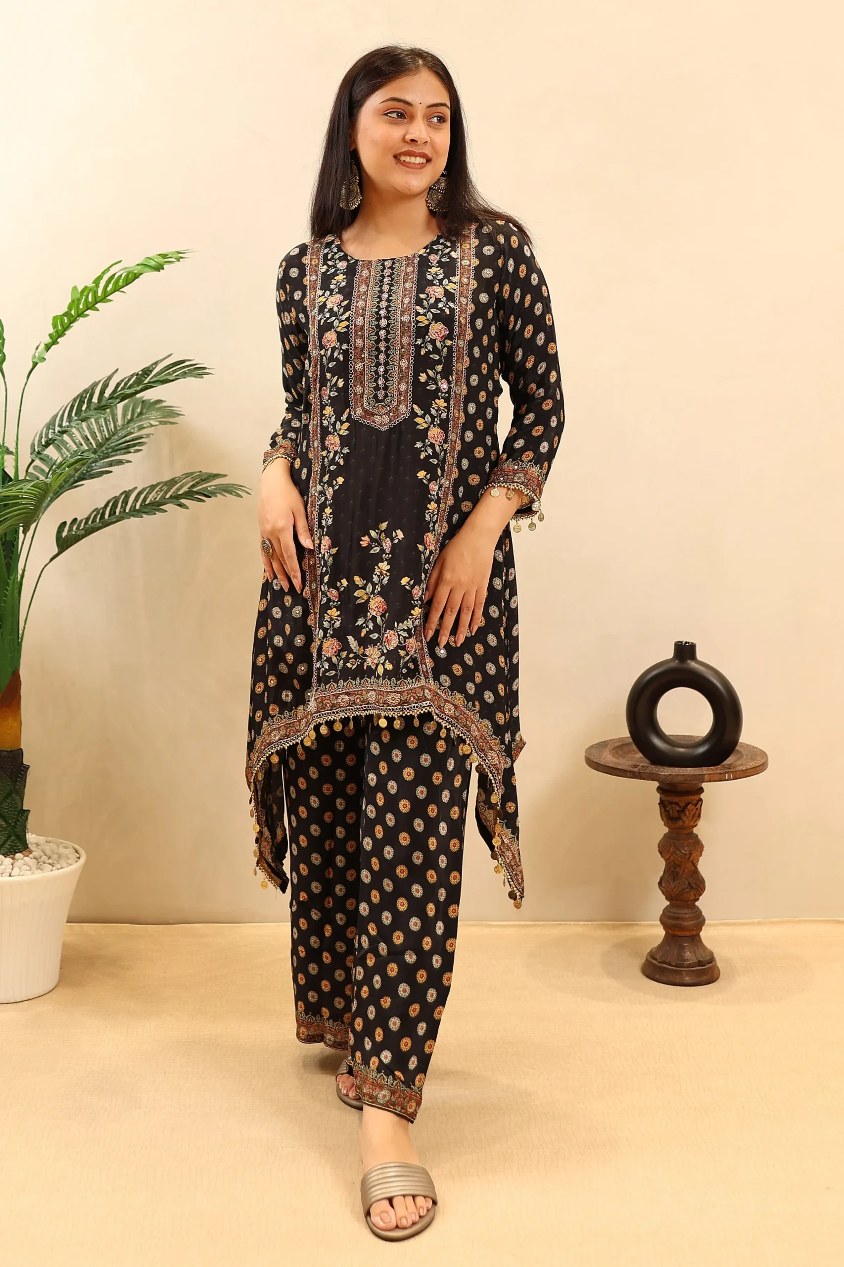 Printed Muslin Kaftan Pattern Suit with Muslin Dupatta and Doori Work - Image 3