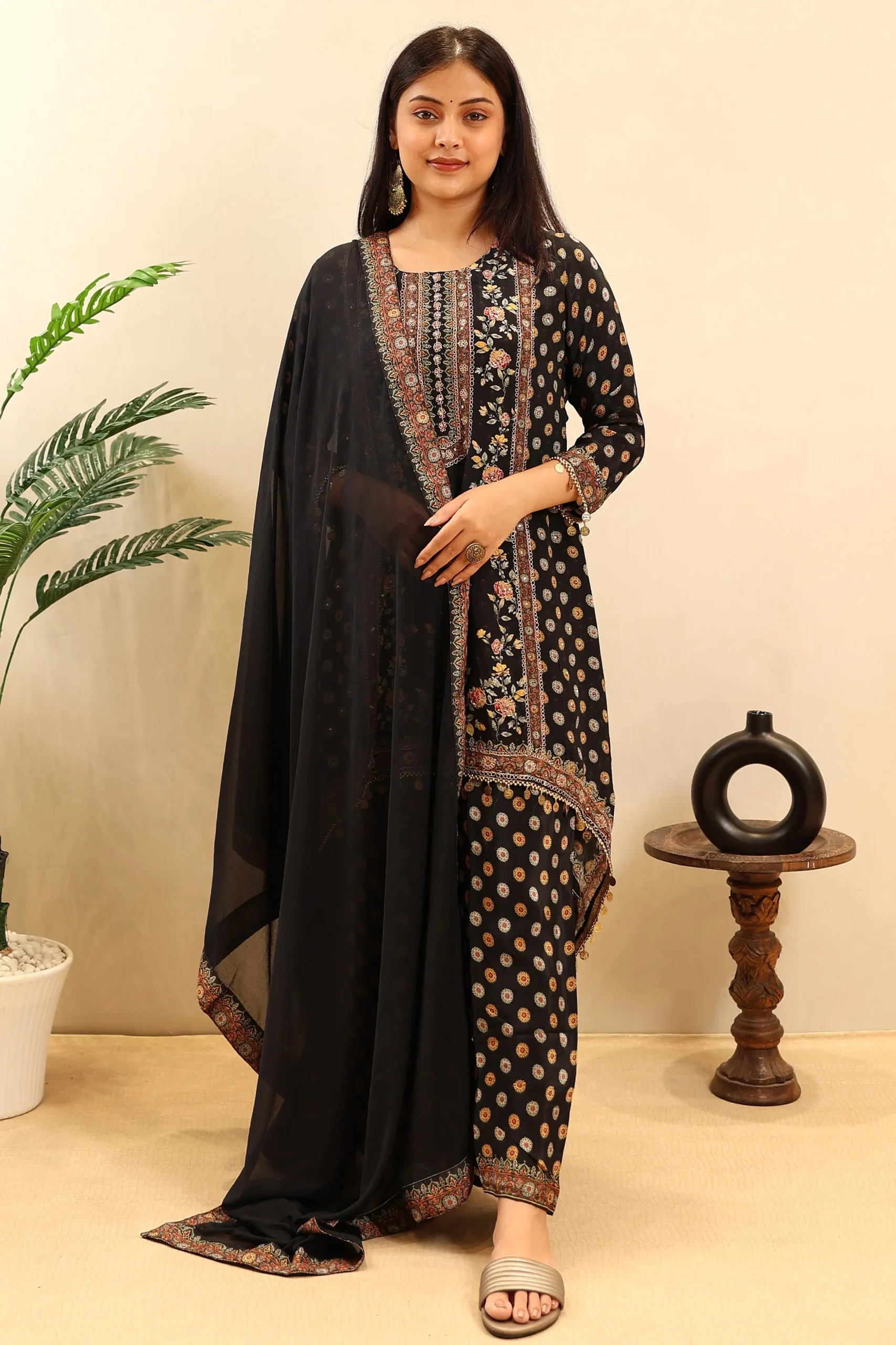 Printed Muslin Kaftan Pattern Suit with Muslin Dupatta and Doori Work