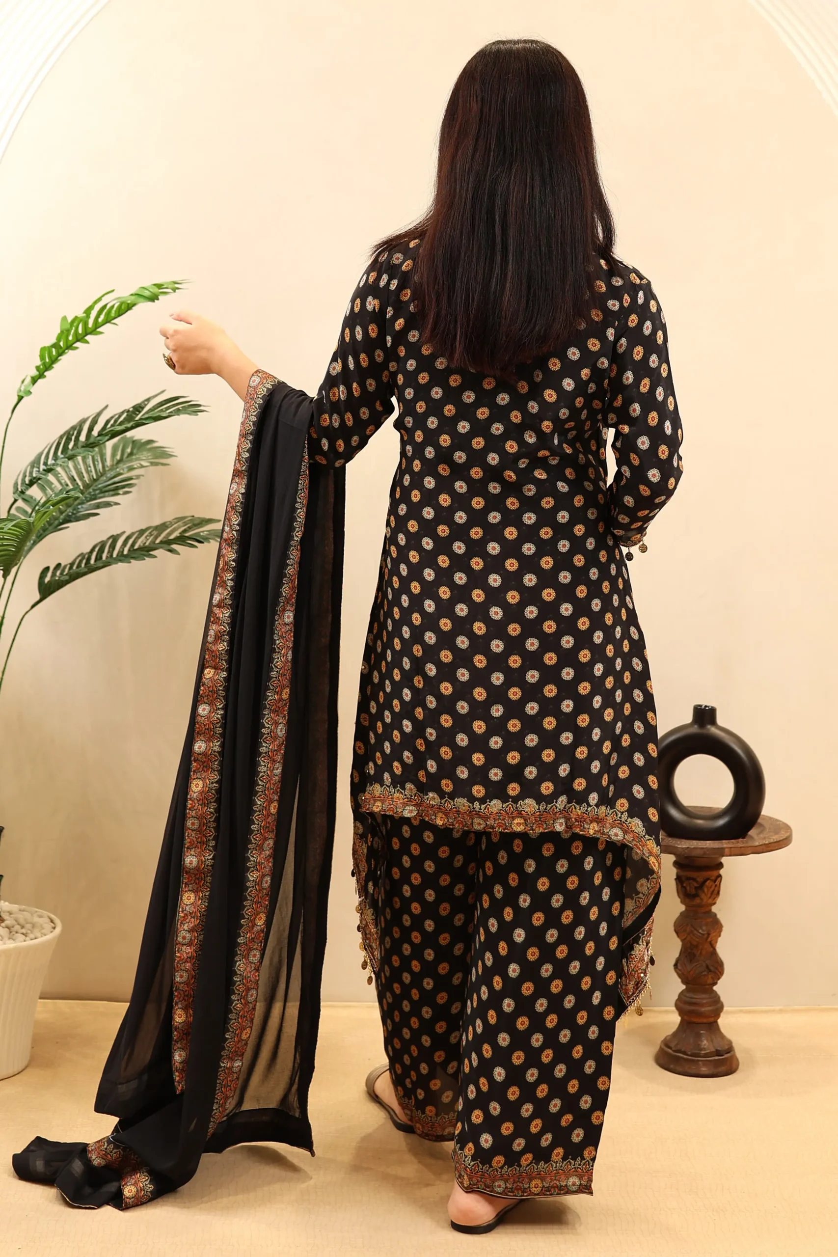 Printed Muslin Kaftan Pattern Suit with Muslin Dupatta and Doori Work - Image 8