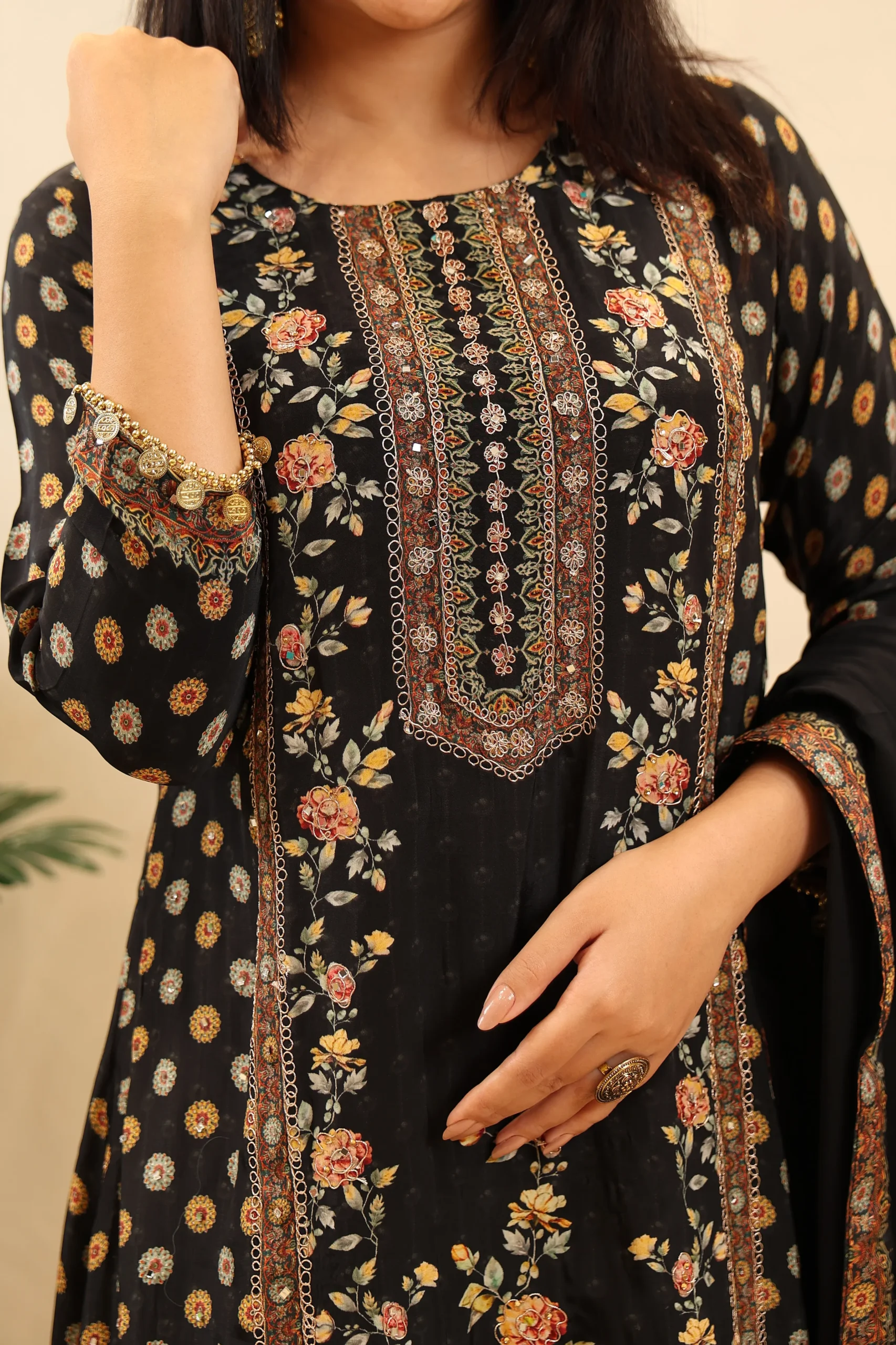 Printed Muslin Kaftan Pattern Suit with Muslin Dupatta and Doori Work - Image 7