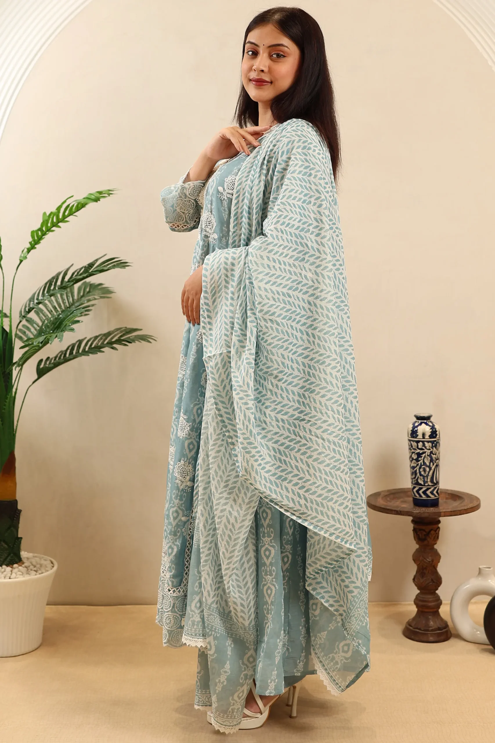 Cutwork Long Anarkali Frock Cotton with Thread Work Print, Cotton Dupatta - Image 4