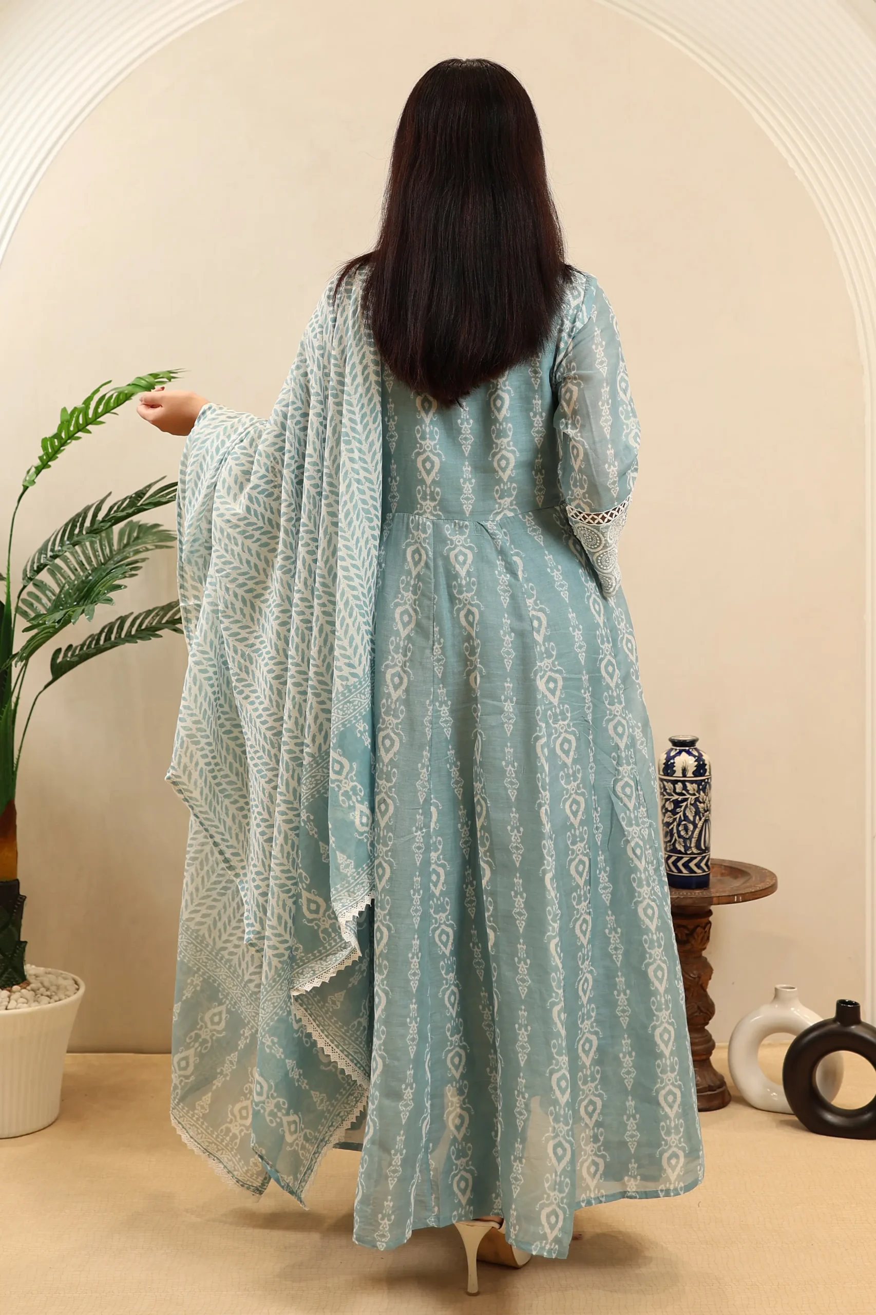 Cutwork Long Anarkali Frock Cotton with Thread Work Print, Cotton Dupatta - Image 6