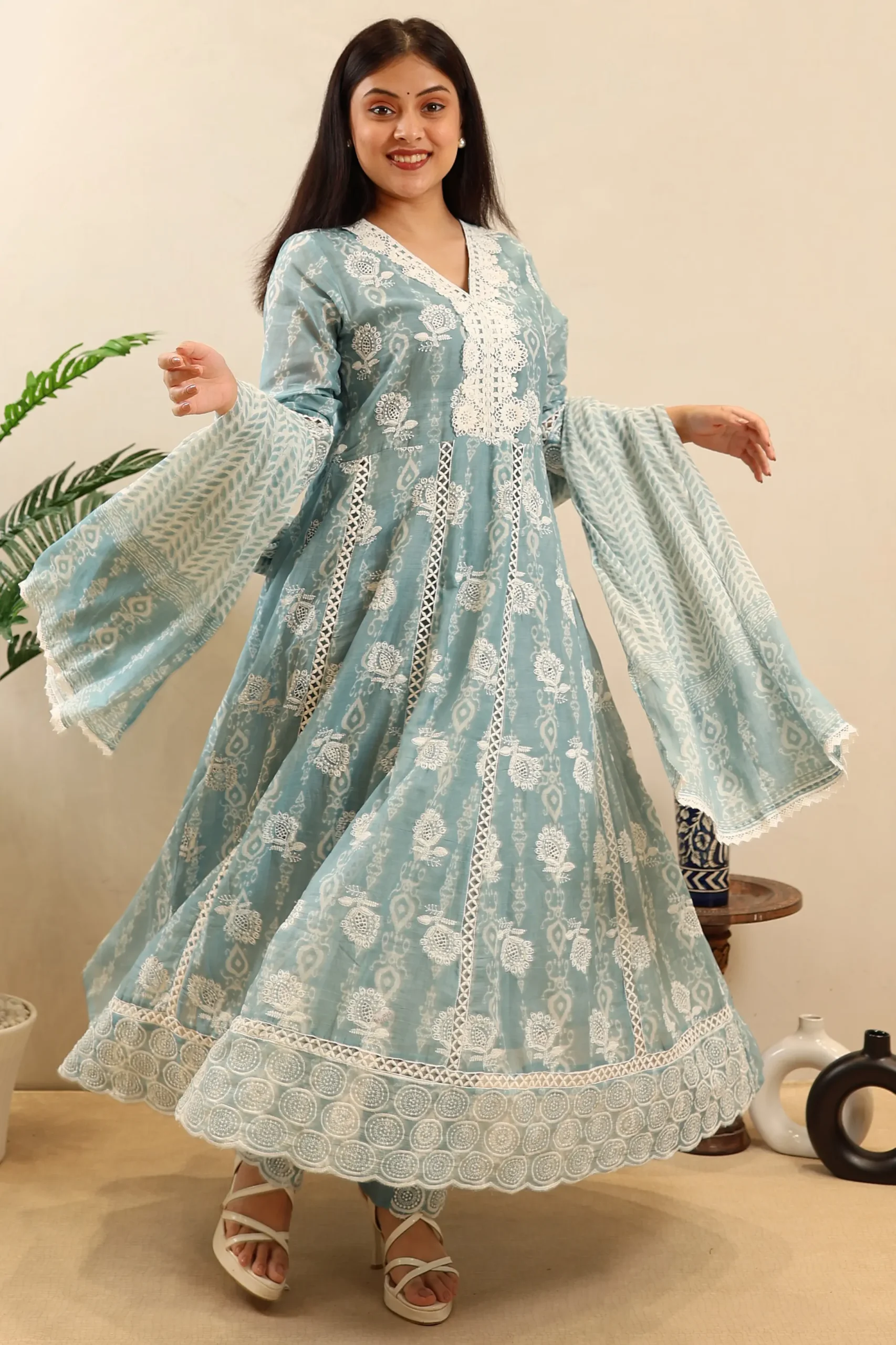 Cutwork Long Anarkali Frock Cotton with Thread Work Print, Cotton Dupatta - Image 5