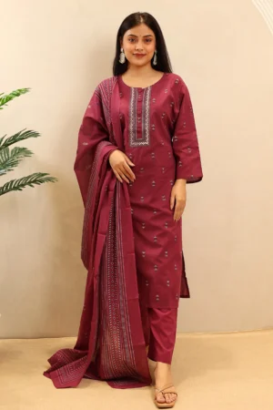 Three-Piece Cotton Straight Suit with Cotton Dupatta