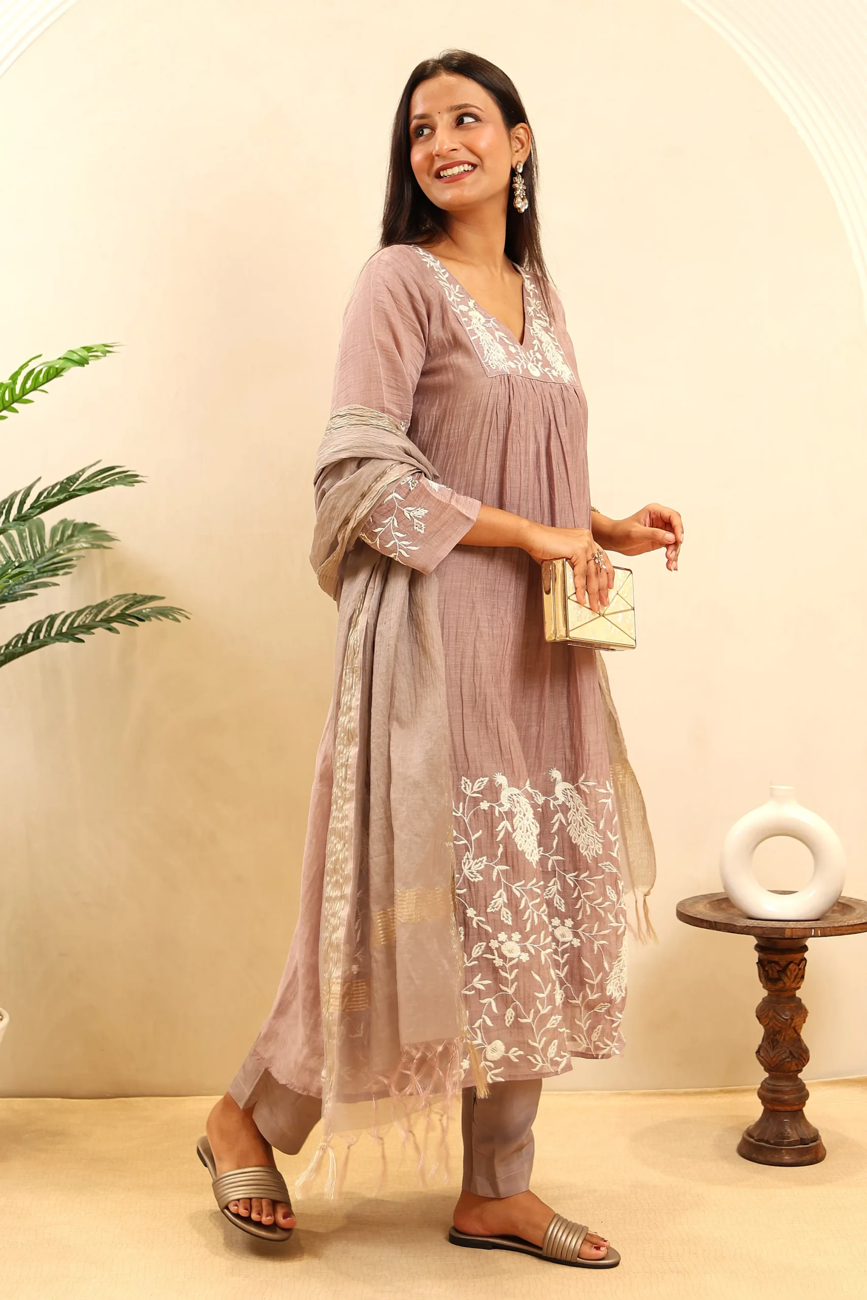 Cotton Anarkali Frock with Thread Work and Cotton Dupatta - Image 2