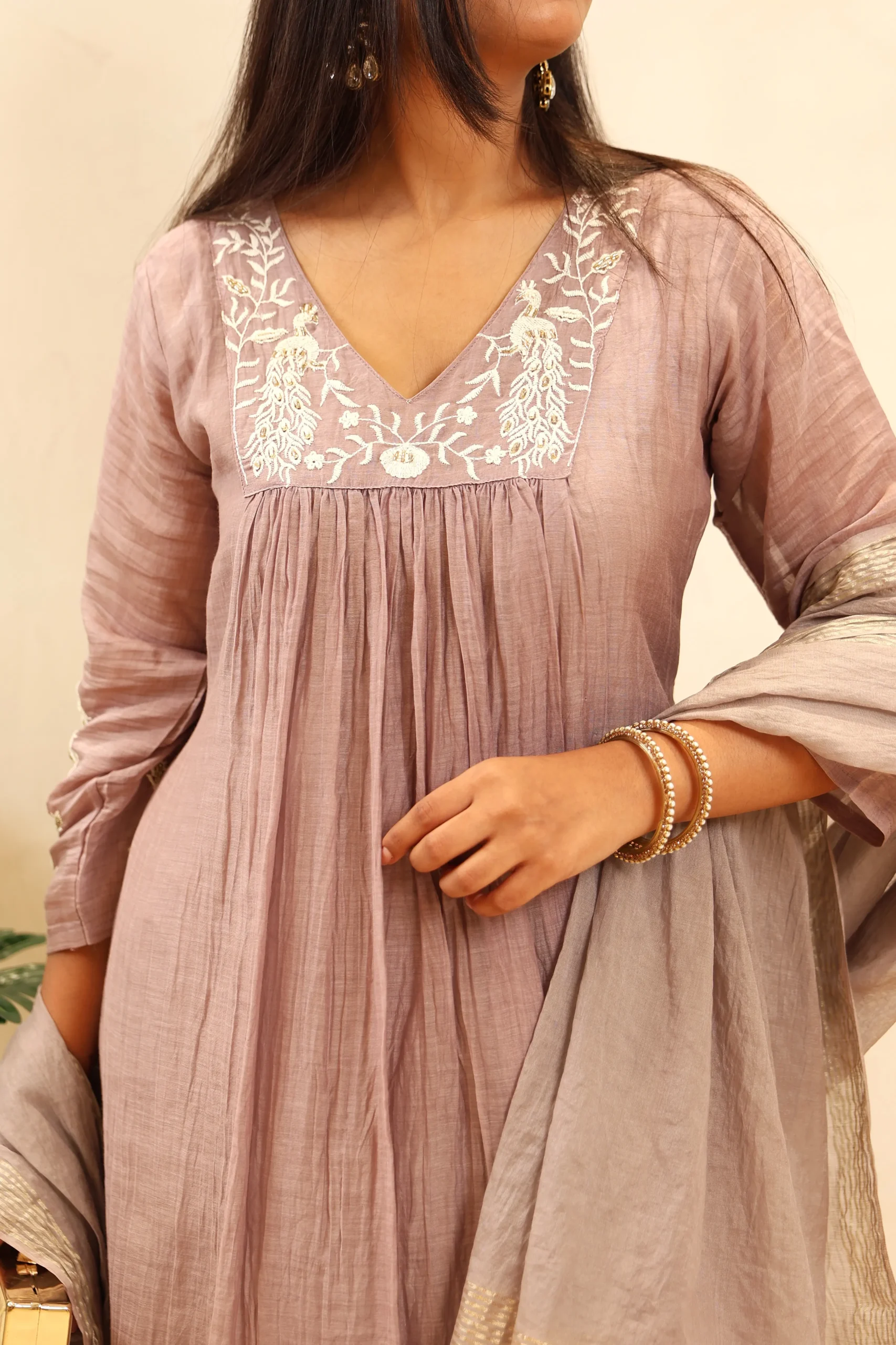 Cotton Anarkali Frock with Thread Work and Cotton Dupatta - Image 4