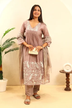 Cotton Anarkali Frock with Thread Work and Cotton Dupatta