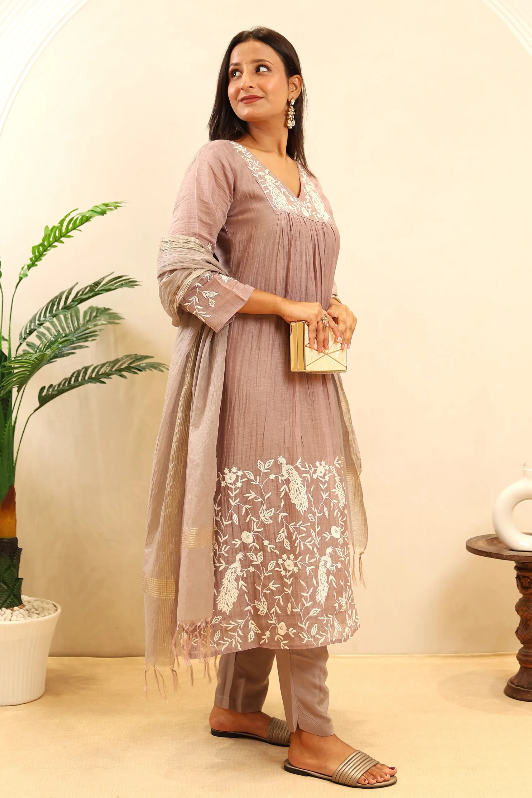 Cotton Anarkali Frock with Thread Work and Cotton Dupatta - Image 3