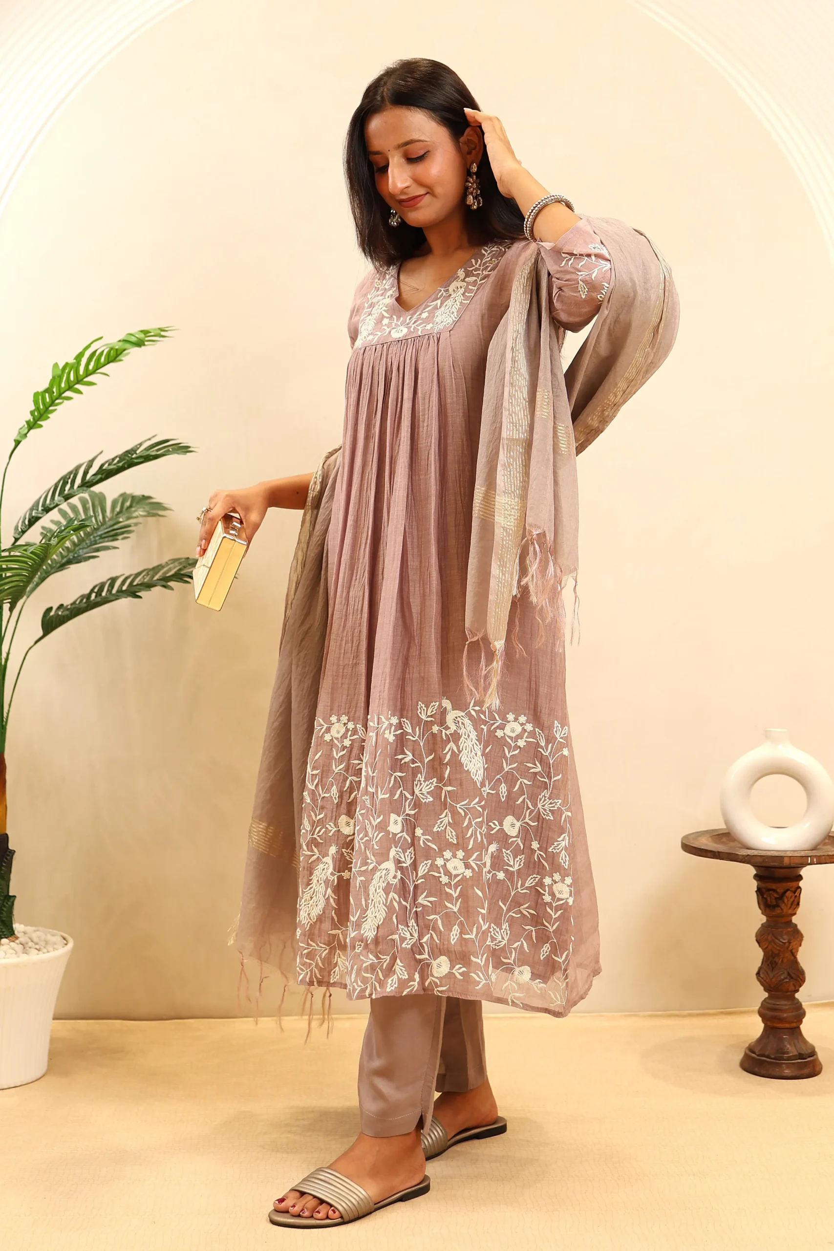 Cotton Anarkali Frock with Thread Work and Cotton Dupatta - Image 5