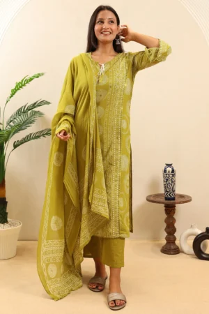 Green Straight Cotton Suit with Cotton Dupatta
