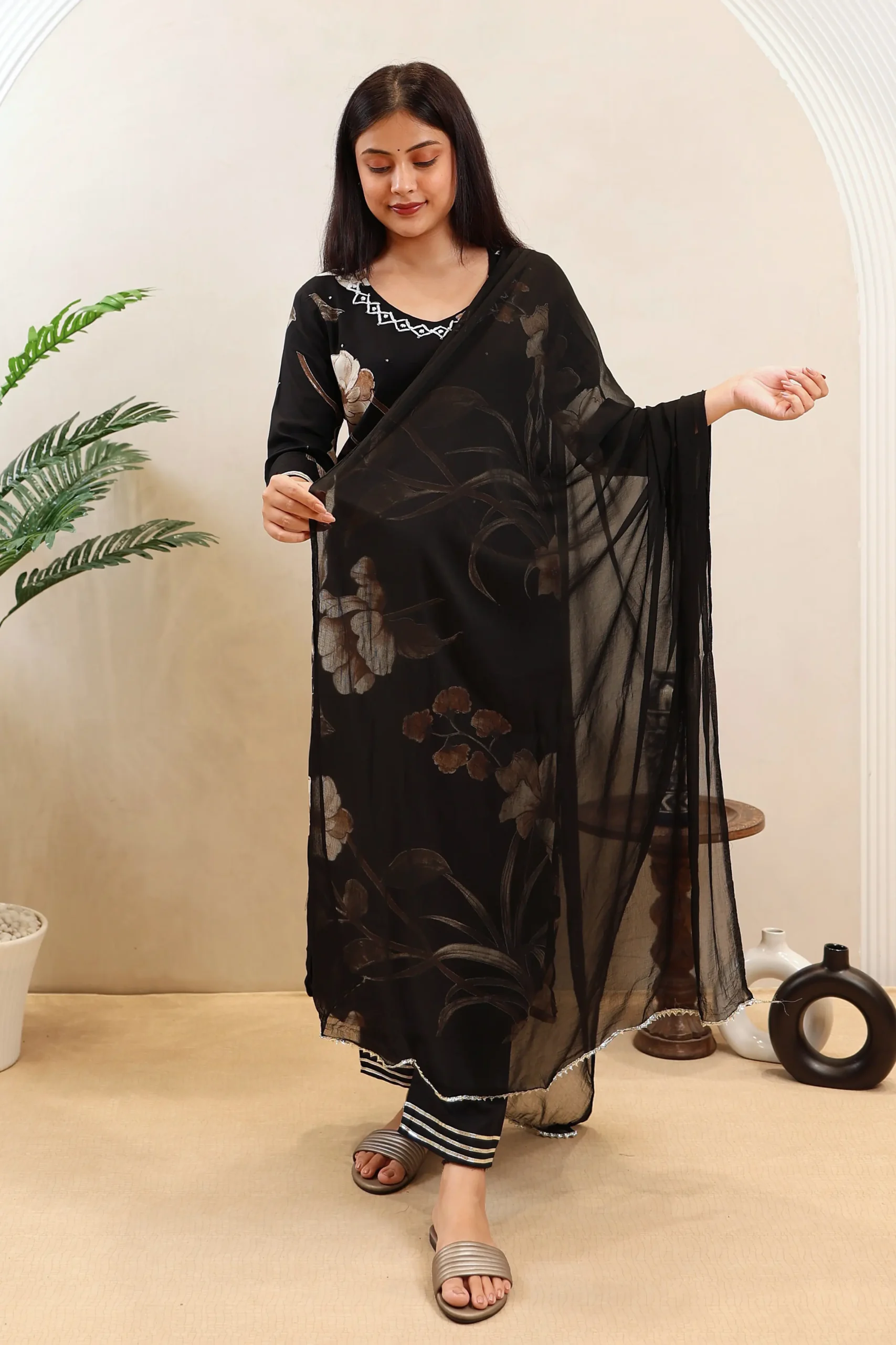 Straight Suit with Cotton Dupatta and Thread Work - Image 2