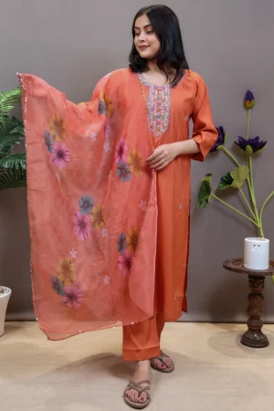 Straight Suit with Handwork on the Neck and Printed Dupatta